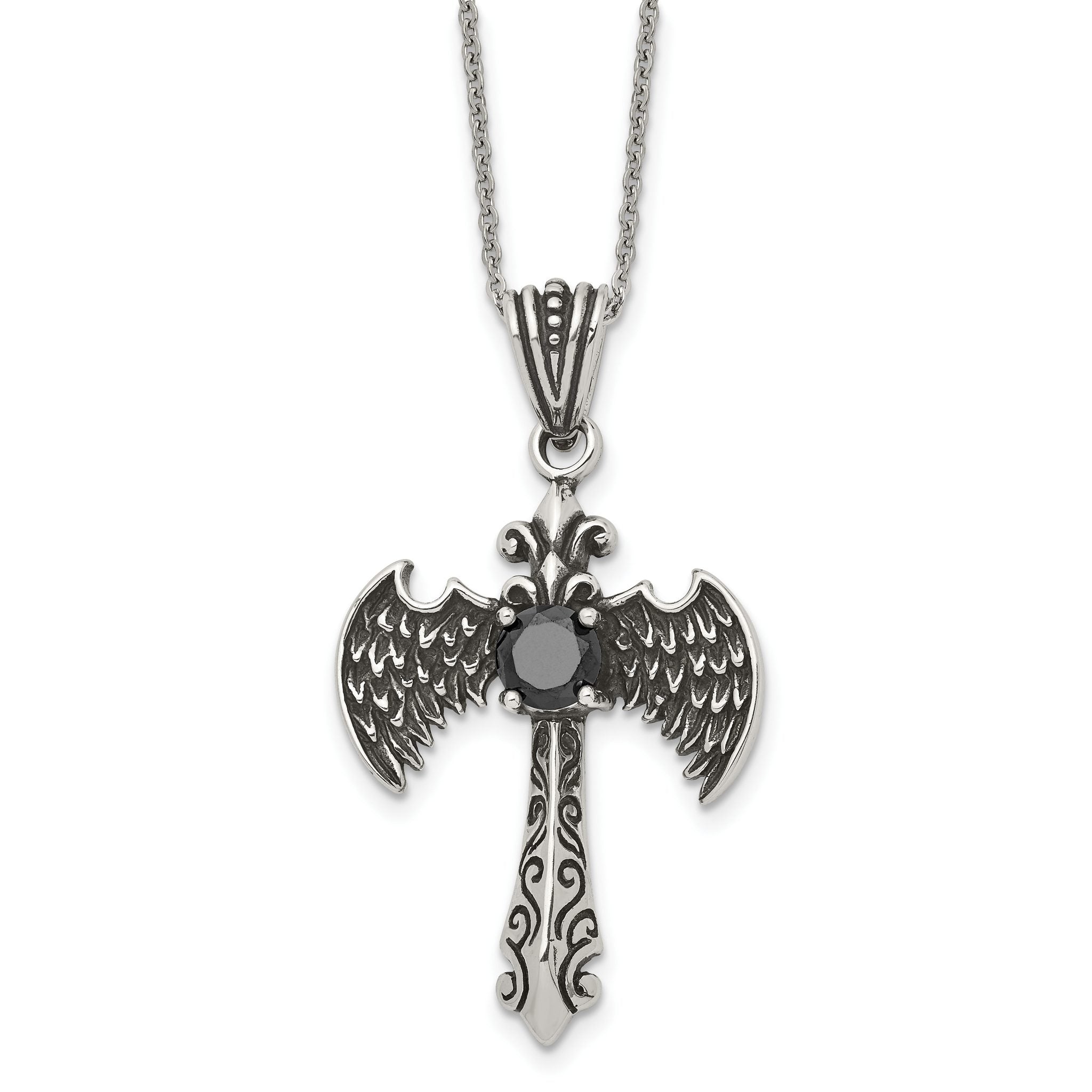 Stainless Steel Antiqued and Polished Black CZ Cross w/Wings Necklace Main image