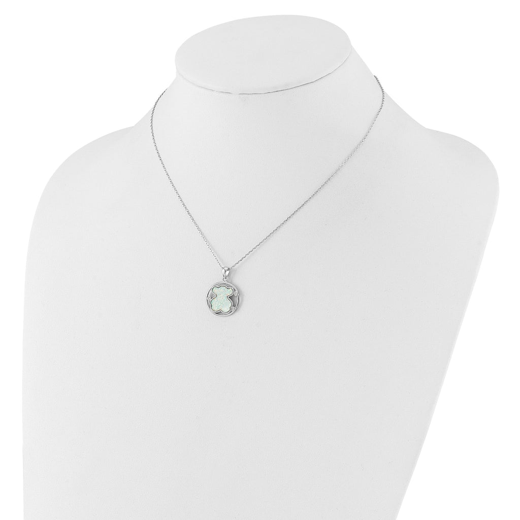 Sterling Silver RH-plated CZ Cr Opal Inlay Bear 16in With 2in ext Necklace