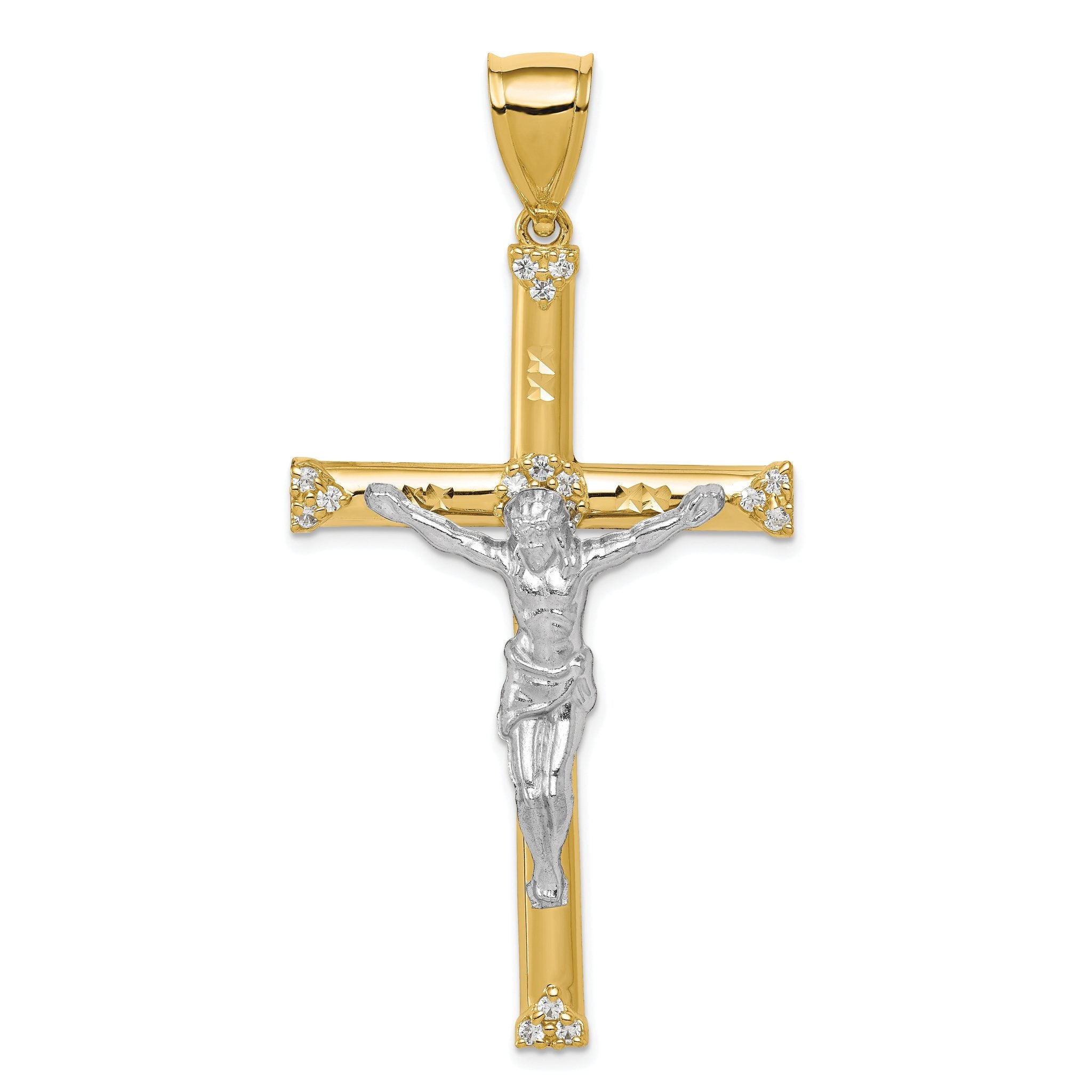 10K Gold Rhodium-Plated Cubic Zirconia Crucifix Pendant  Polished & Solid