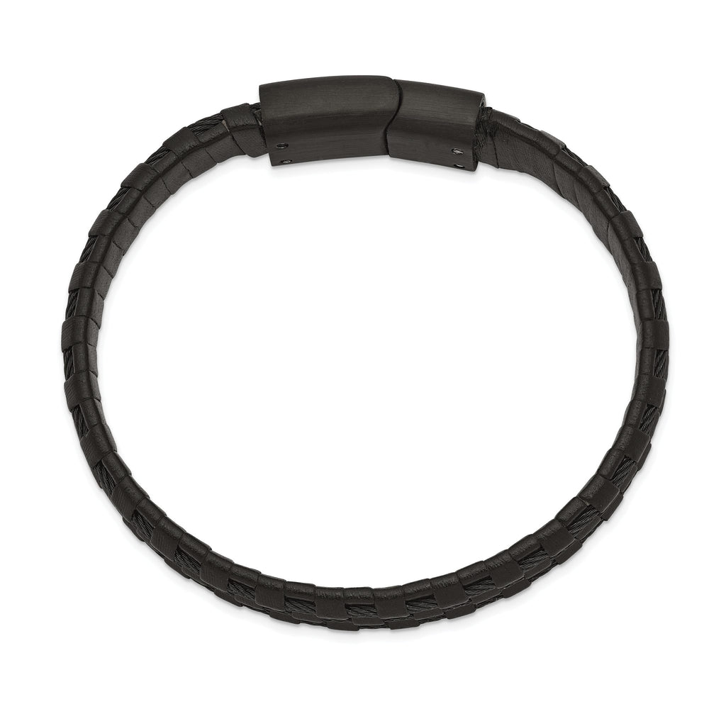 Stainless Steel Brushed and Polished Black IP-plated Wire Cable and Black Leather Bracelet for Men