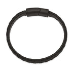 Stainless Steel Brushed and Polished Black IP-plated Wire Cable and Black Leather Bracelet for Men