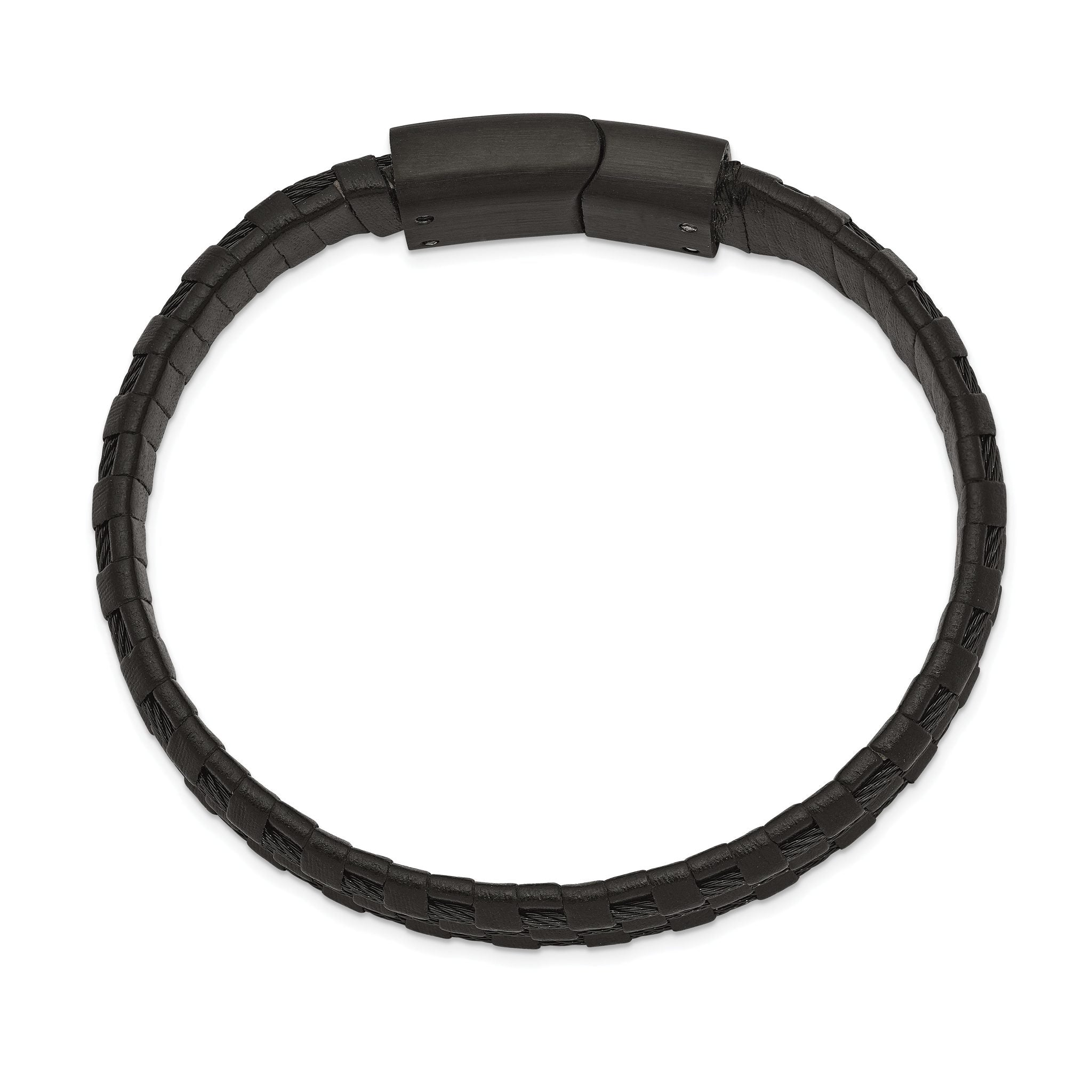 Stainless Steel Brushed and Polished Black IP-plated Wire Cable and Black Leather Bracelet for Men