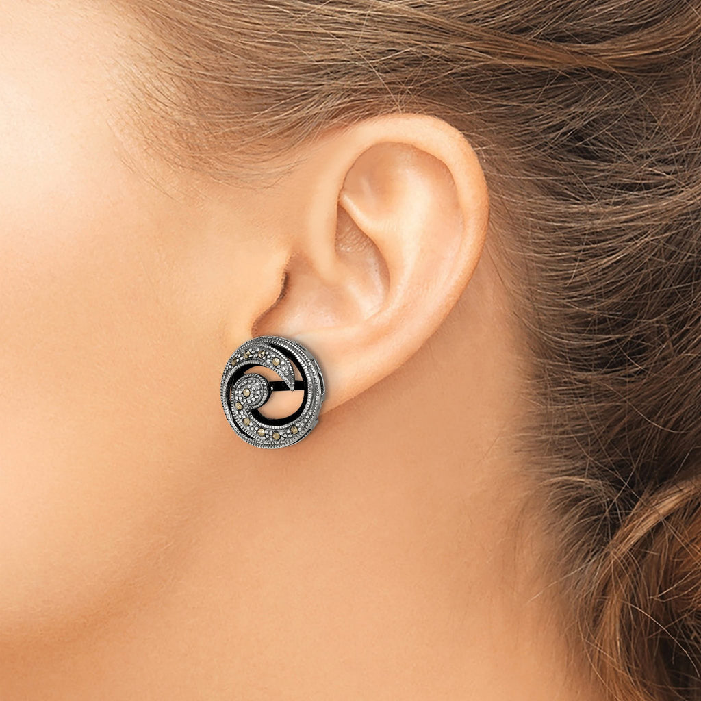 Sterling Silver Antiqued Onyx & Marcasite Round Wave Post Earrings