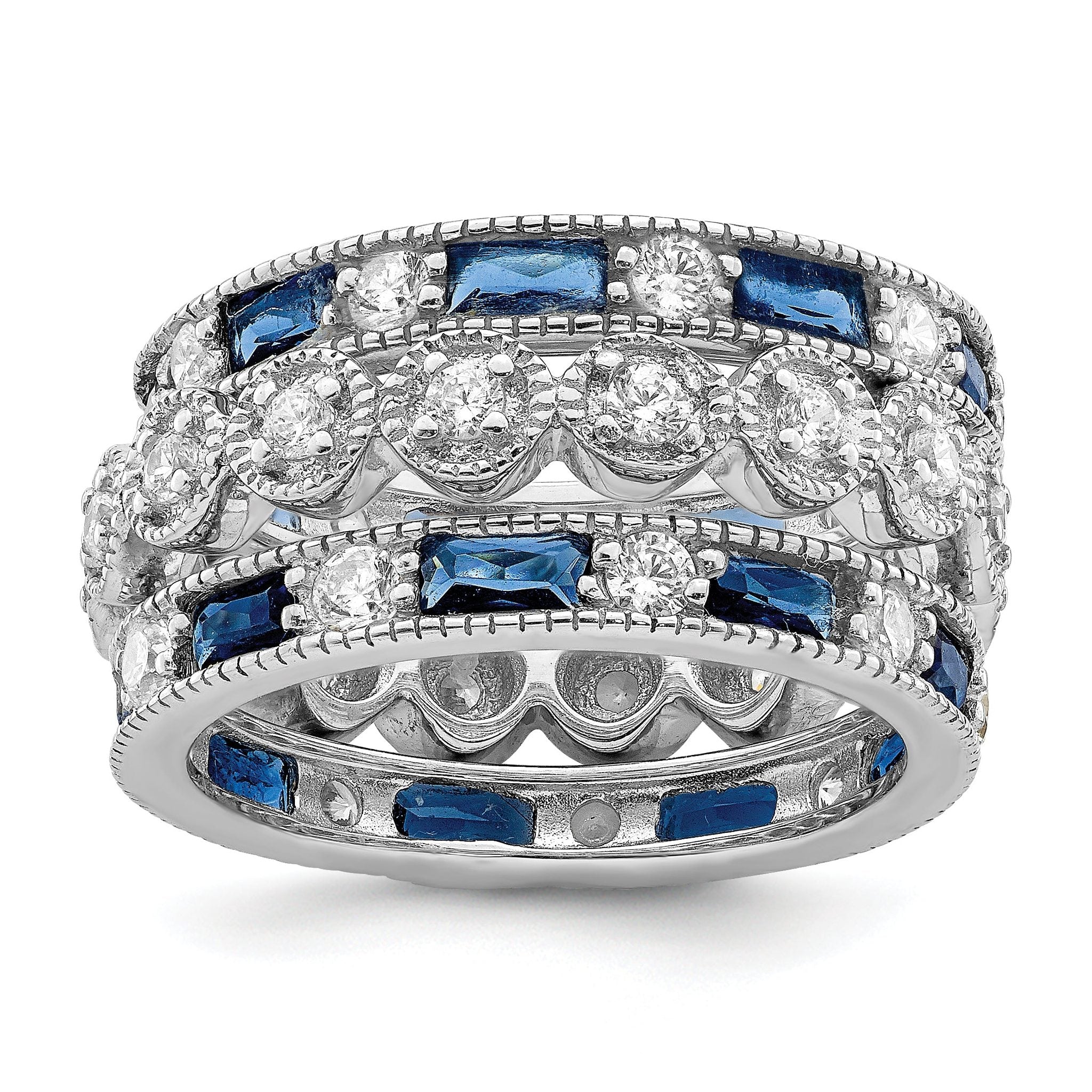 Sterling Silver Rhod-pltd Triple Band Blue/White/Clear Circle Center Ring Main image
