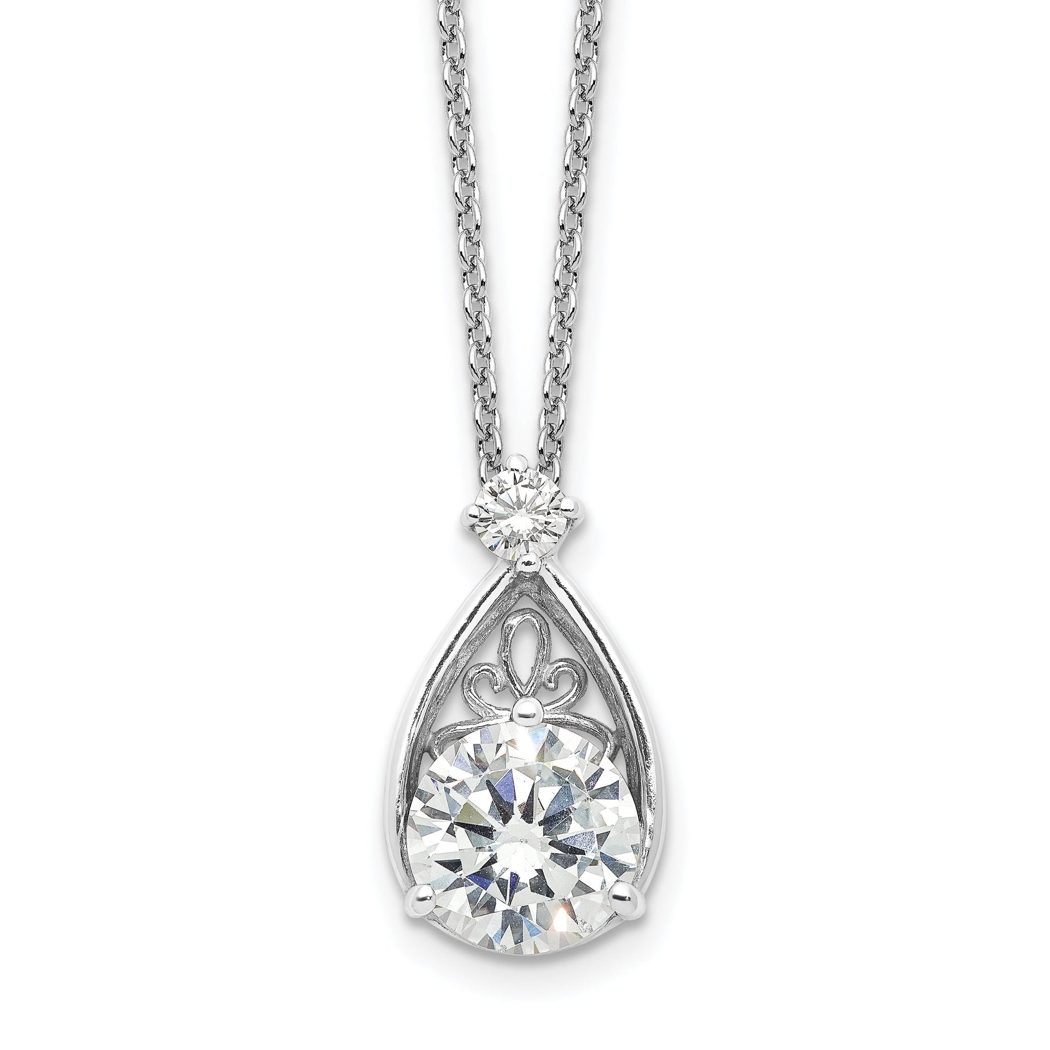 Sterling Silver Rhodium-Rhodium-Plated Teardrop CZ 16in w/2 in Ext Necklace