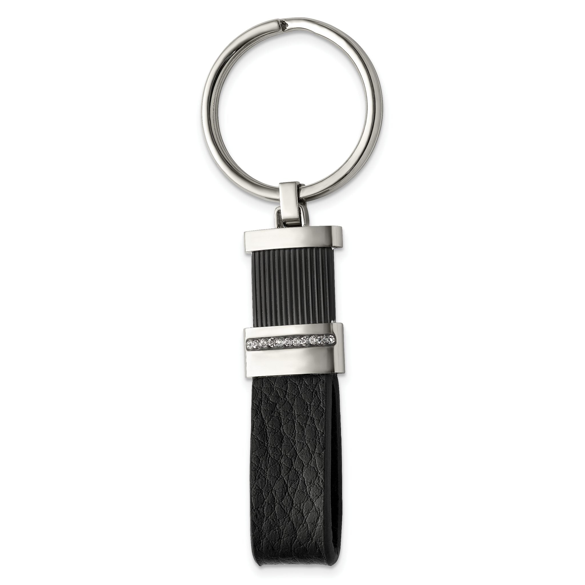 Stainless Steel Polished Black IP Black Diamond Preciosa Leather Key Ring Main image