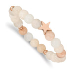 Stainless Steel Polished Rose IP-plated Star 8.5mm Pink and White Aventurine Beaded Stretch Bracelet for Women