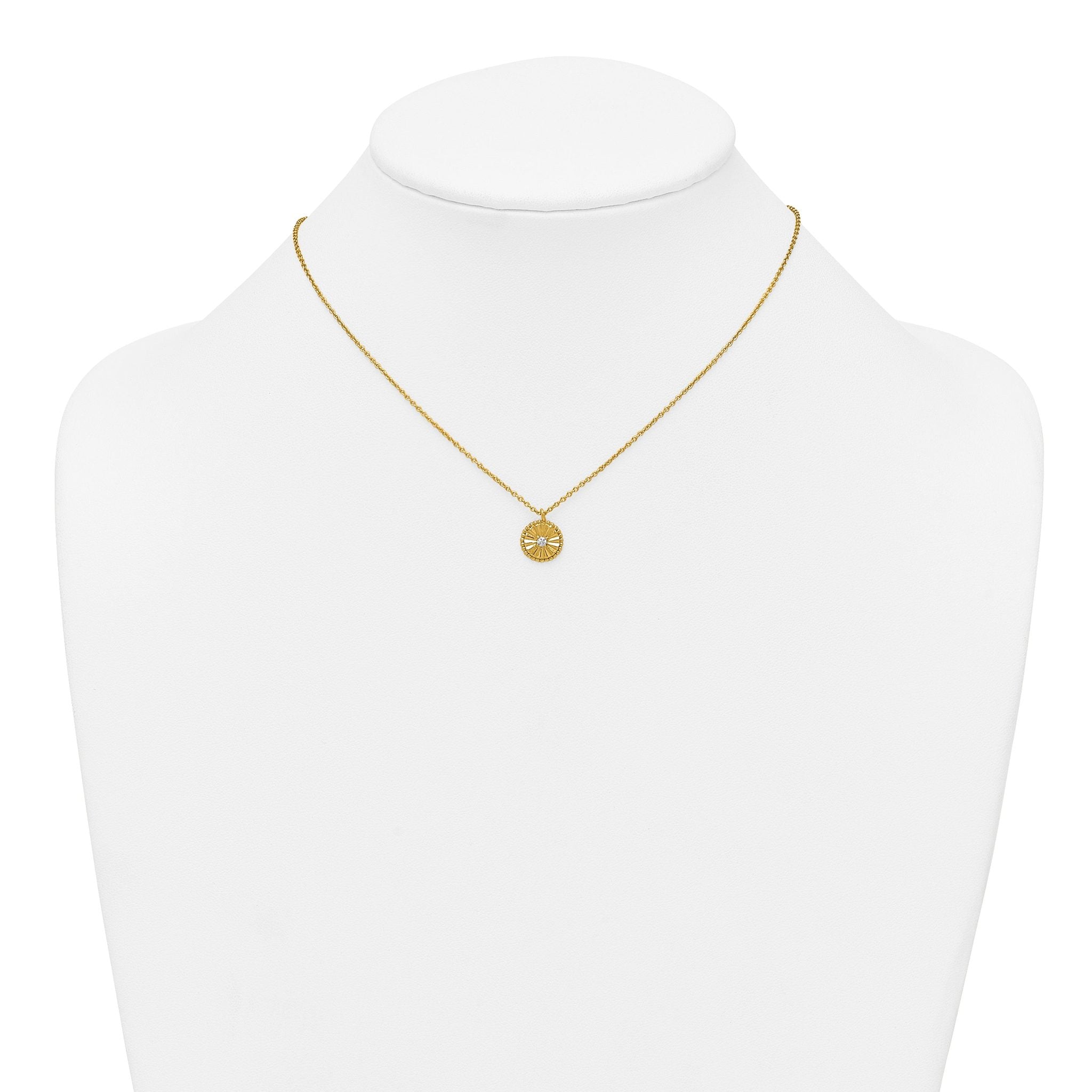 Sterling Silver Gold-tone Polished Beaded and Textured CZ Circle 16 Inch with 2 Inch Extension Necklace