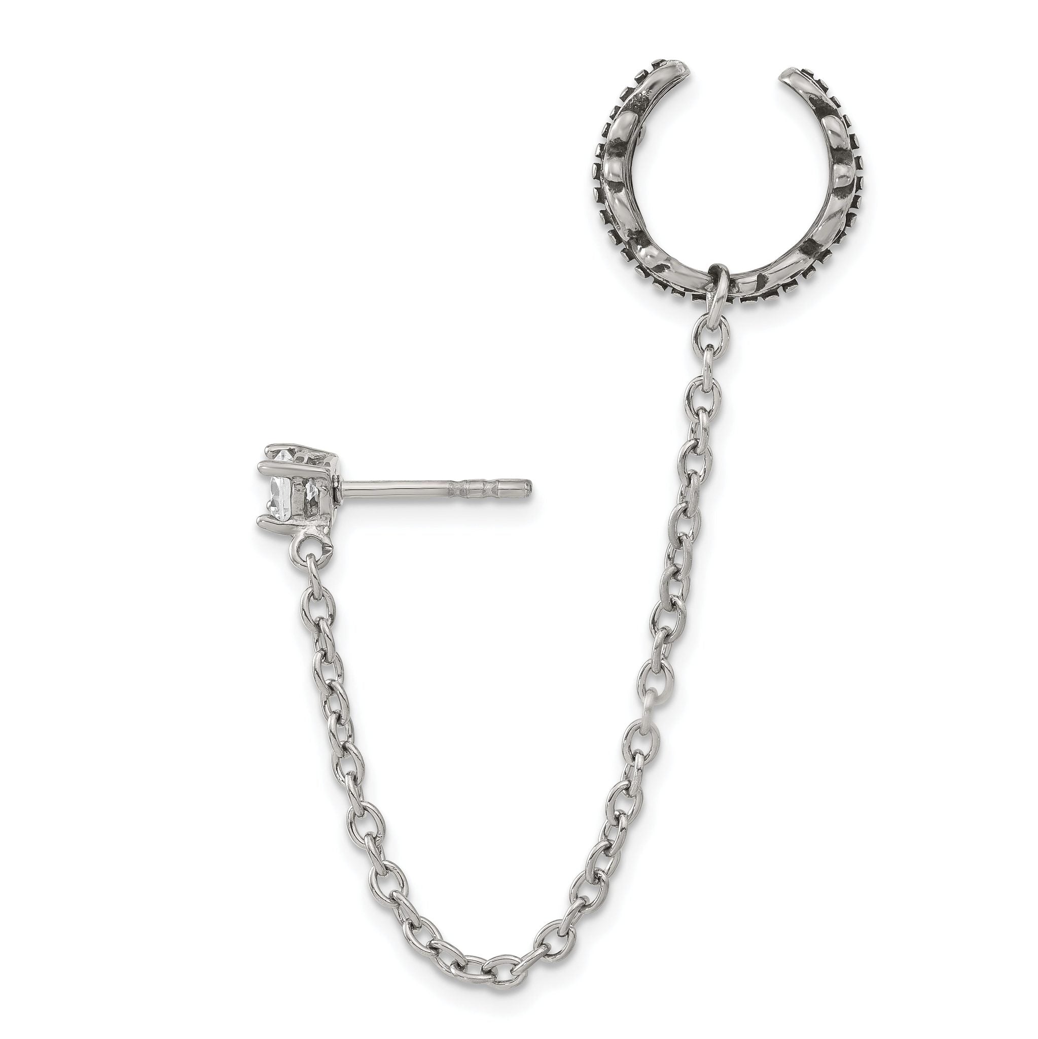 Stainless Steel Polished & Antiqued Cubic Zirconia Ear Climber Earrings for Women