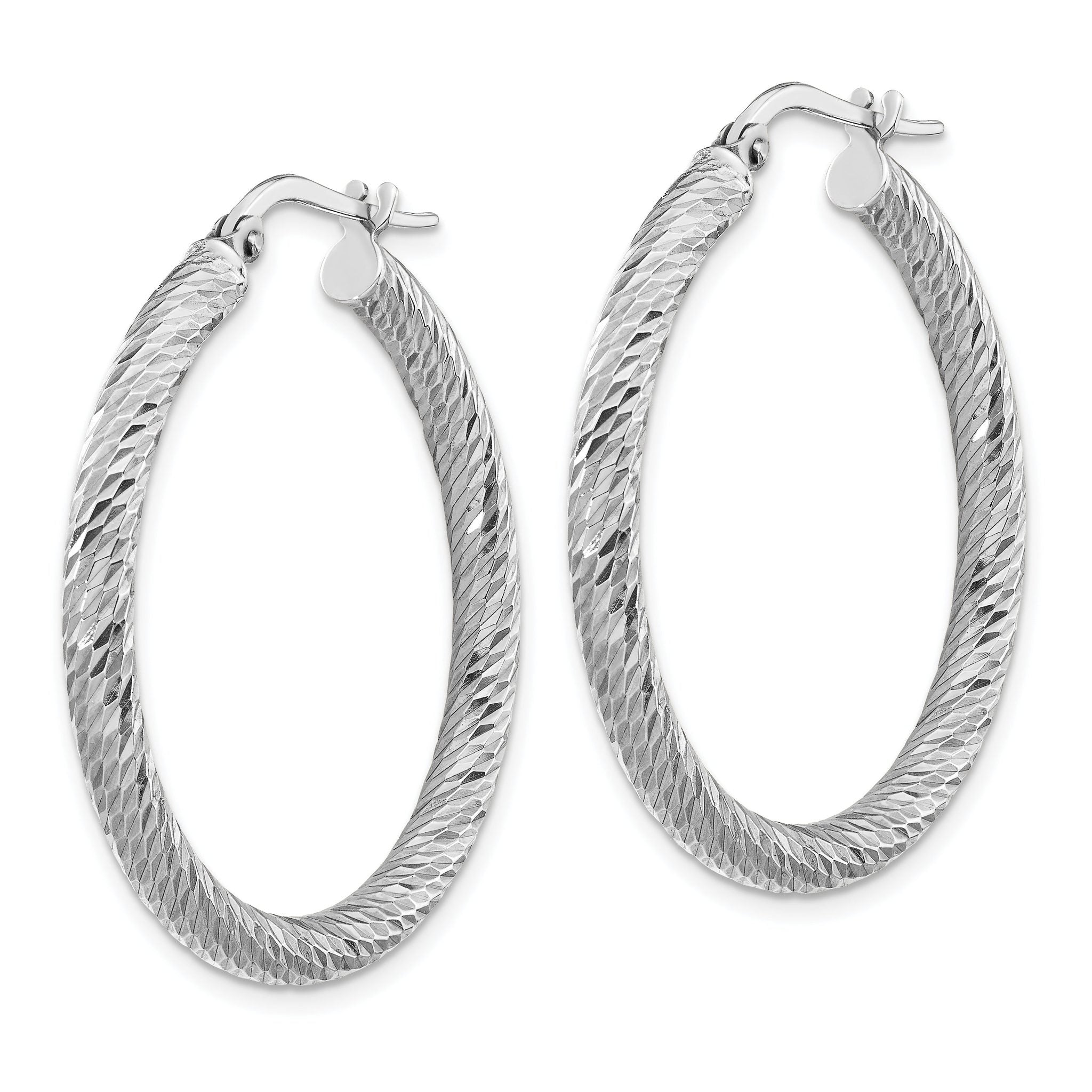 14k 3x25mm White Gold Diamond-cut Round Hoop Earrings Secondary image