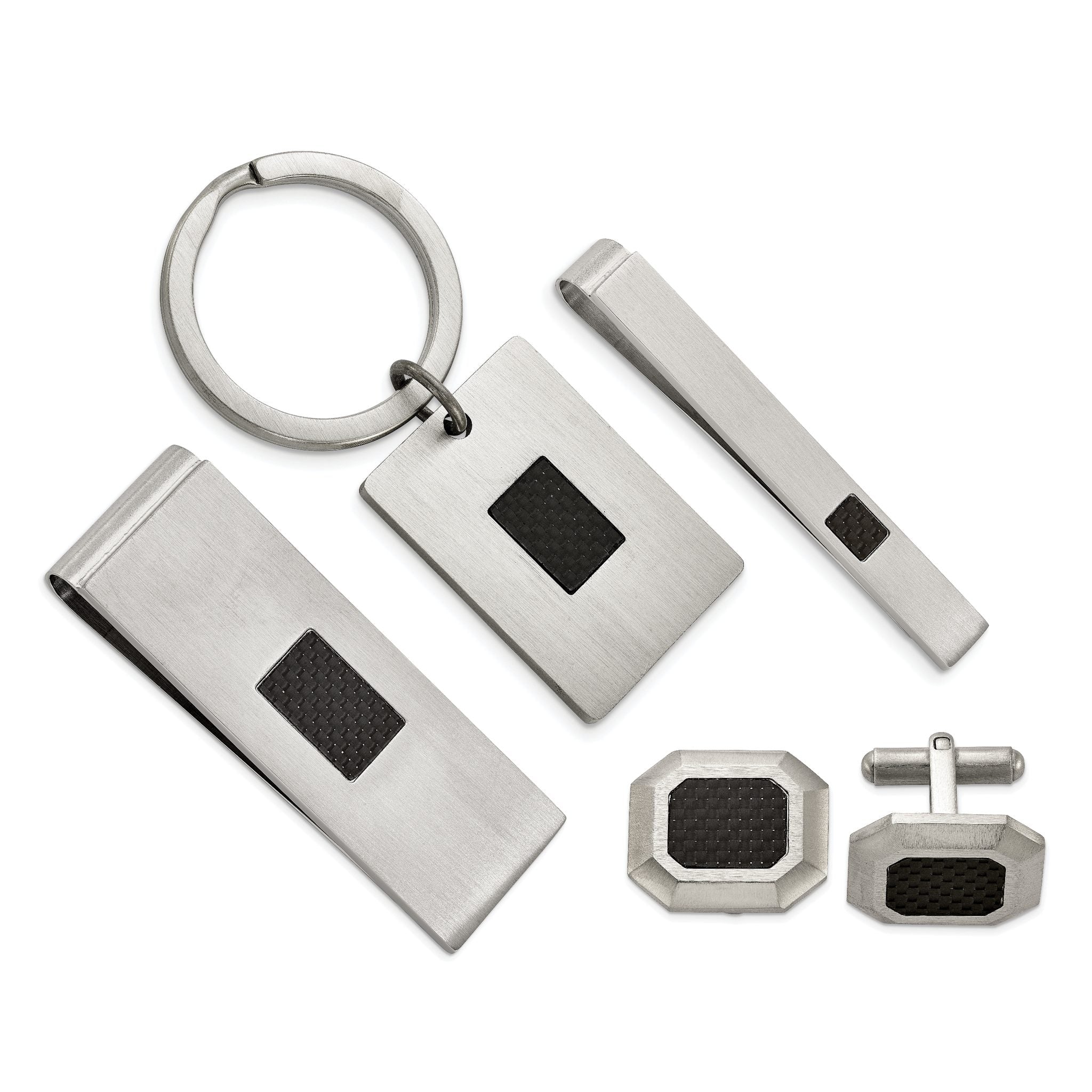 Stainless Steel Men's Jewelry Set with Black Carbon Fiber Inlay