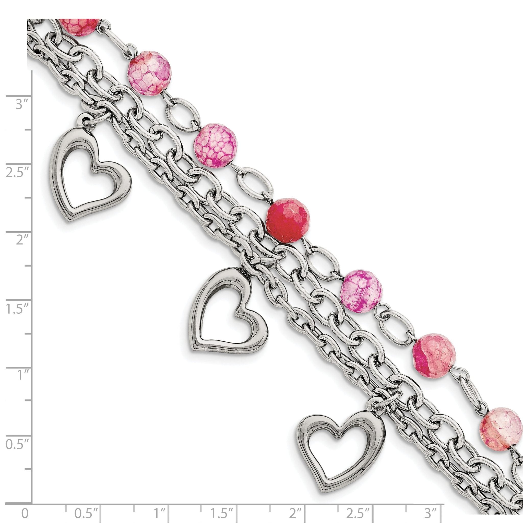 Stainless Steel Polished with Pink Agate and Hearts Bracelet for Women