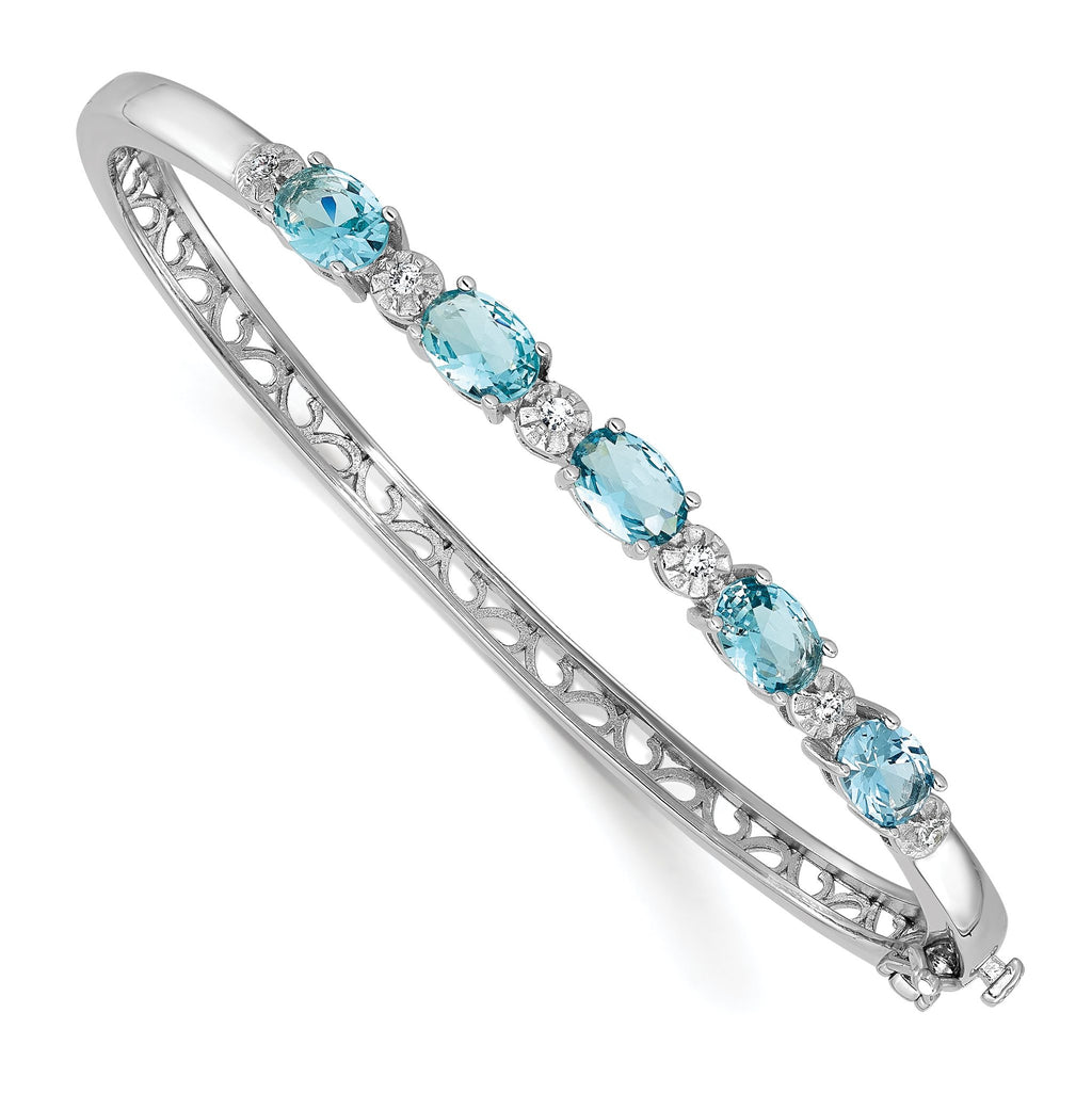 Cheryl M Sterling Silver Rhodium-plated Polished Fancy Aqua GlaSterling Silver and CZ Hinged Bangle