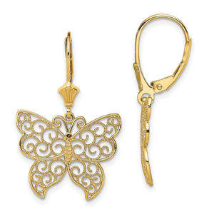 Butterfly Beaded Filigree Wings Leverback Earrings in 14K Yellow Gold - Sophia Jewelers