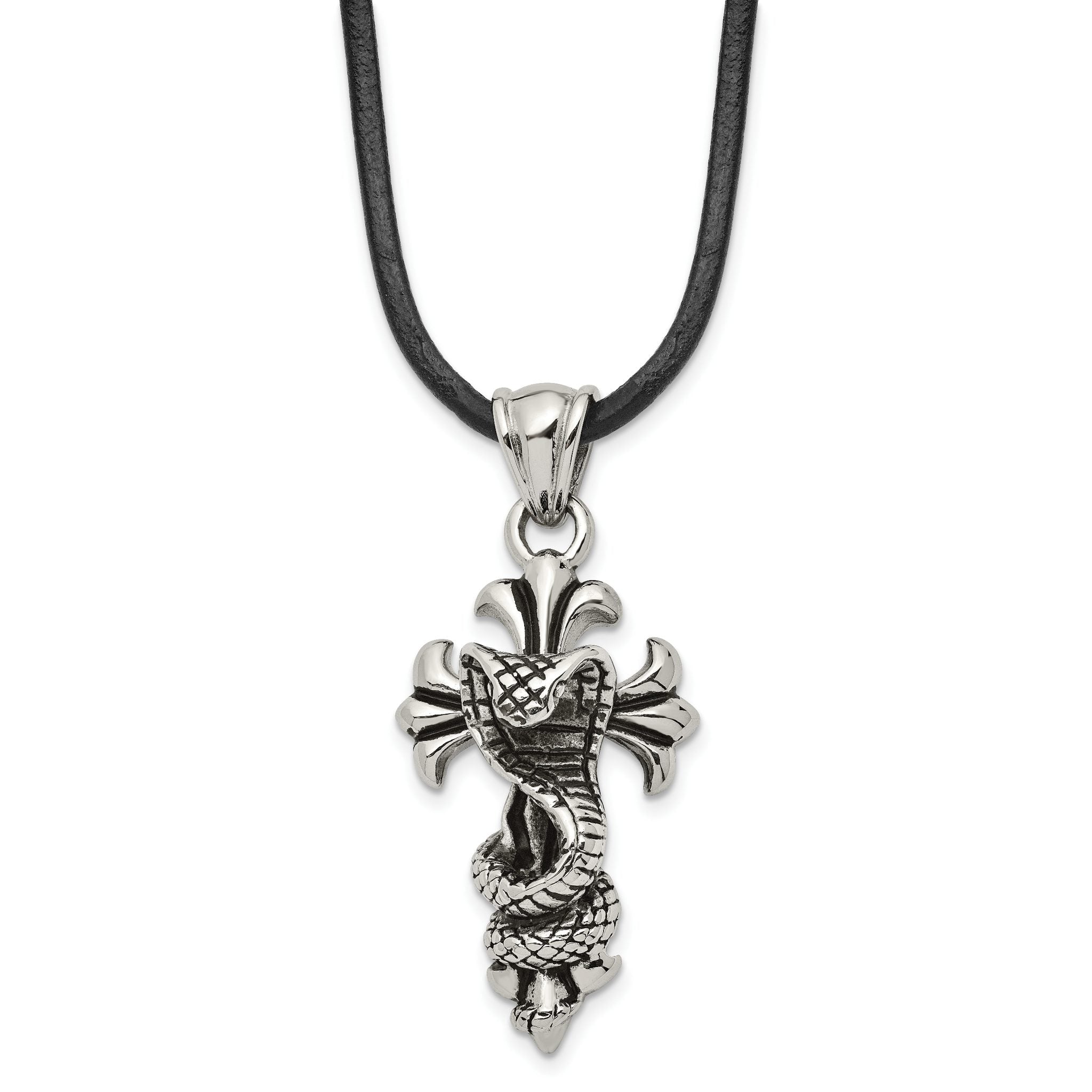 Chisel Stainless Steel Antiqued and Polished Snake on Cross Pendant on a 20 inch Leather Cord Necklace Main image