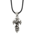 Chisel Stainless Steel Antiqued and Polished Snake on Cross Pendant on a 20 inch Leather Cord Necklace