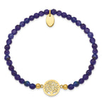 Stainless Steel Polished Yellow IP-plated Tree of Life 4mm Blue Jade Beaded Stretch Bracelet for Women
