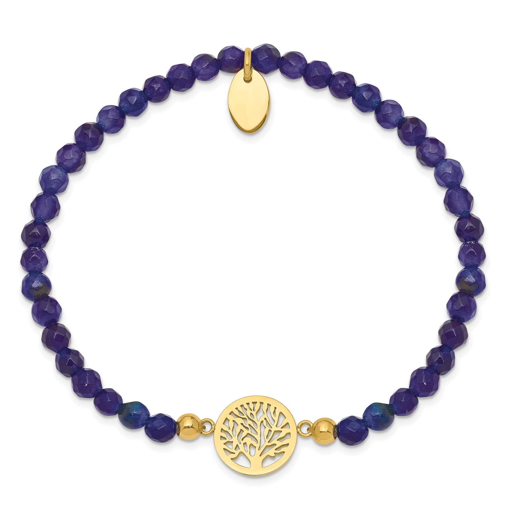 Stainless Steel Polished Yellow IP-plated Tree of Life 4mm Blue Jade Beaded Stretch Bracelet for Women