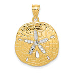 14K Gold Sand Dollar Pendant with White Rhodium Diamond-Cut Polished Finish