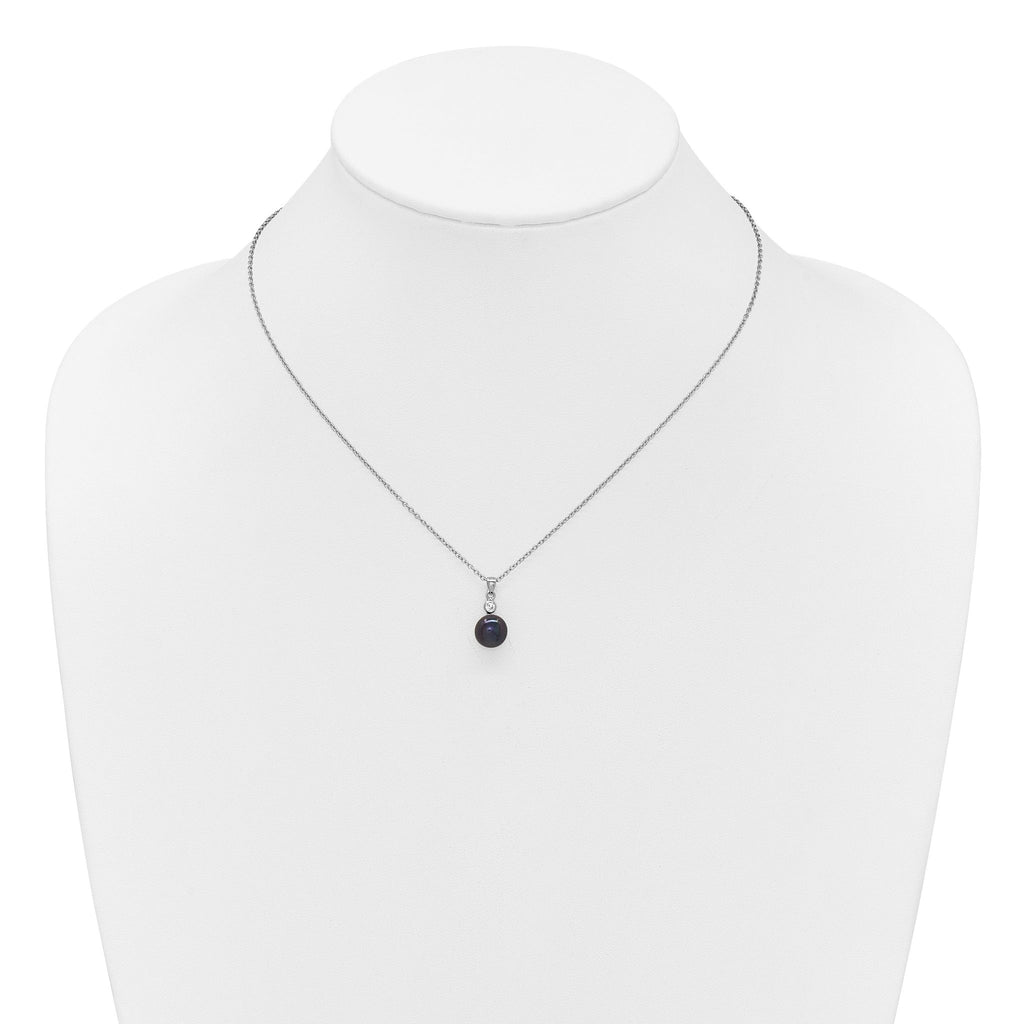 Sterling Silver Rhodium-plated 8-9mm Black Button Freshwater Cultured Pearl and CZ 17 inch Necklace and Post Earrings Set