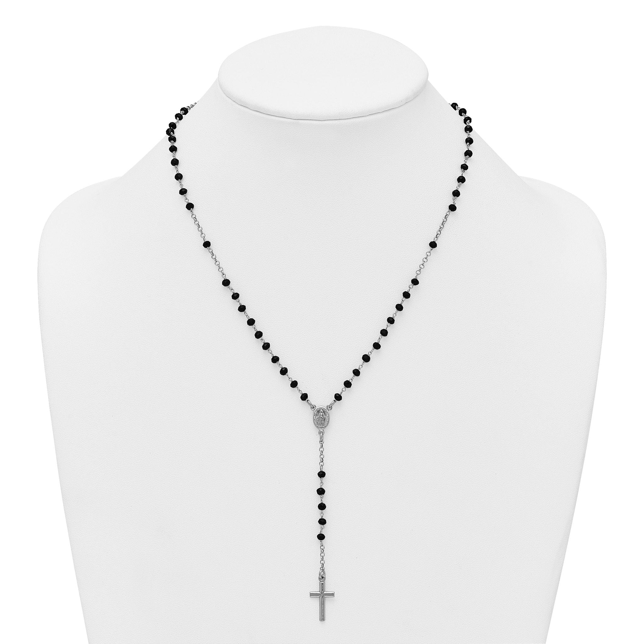 Sterling Silver Rhodium-plated Black Crystal 18.5 inch with 1 inch extender Rosary Necklace