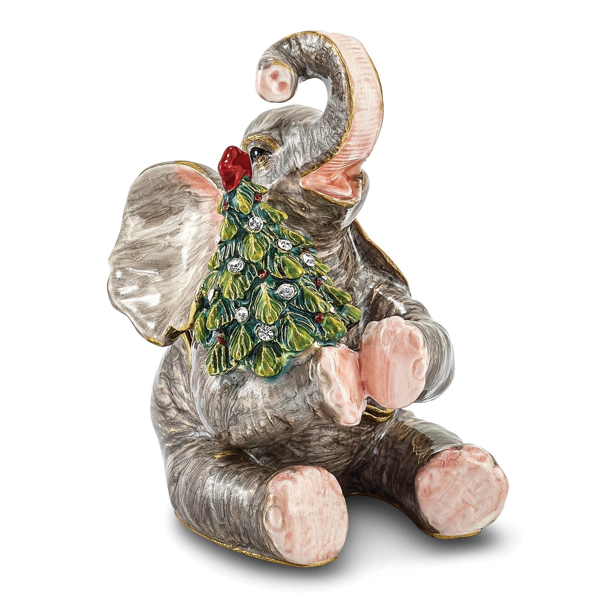 Luxury Giftware Pewter Bejeweled Crystals Gold-tone Enameled ELROY Elephant With Christmas Tree Trinket Box with Matching 18 Inch Necklace Main image