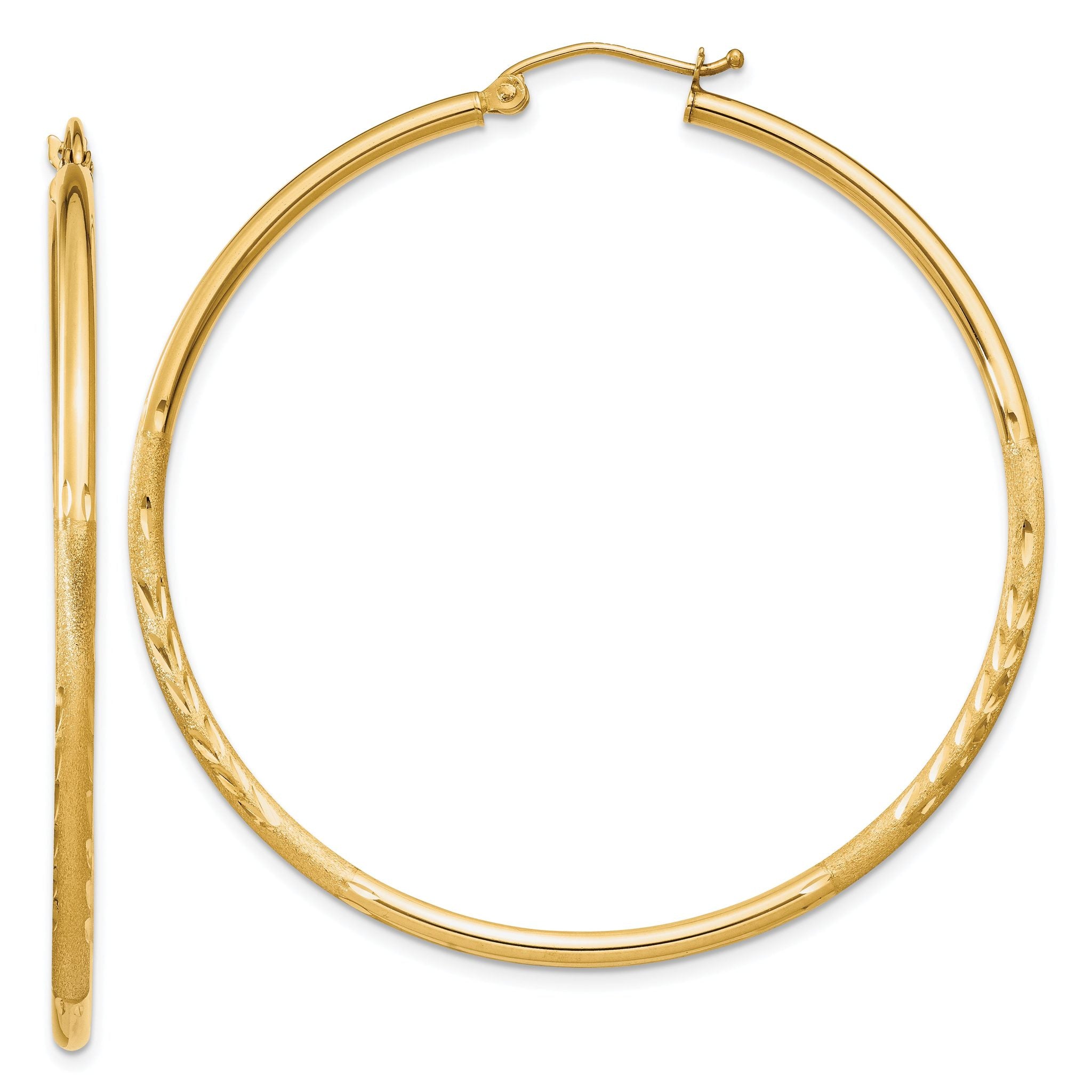 14k Satin and Diamond-cut 2mm Round Tube Hoop Earrings Main image
