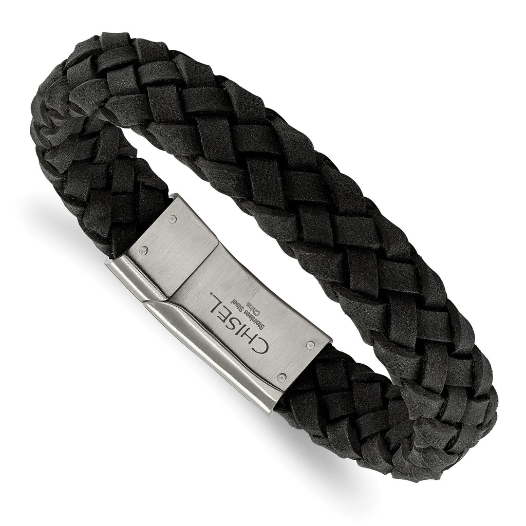 Stainless Steel Brushed Black Braided Leather Bracelet for Men