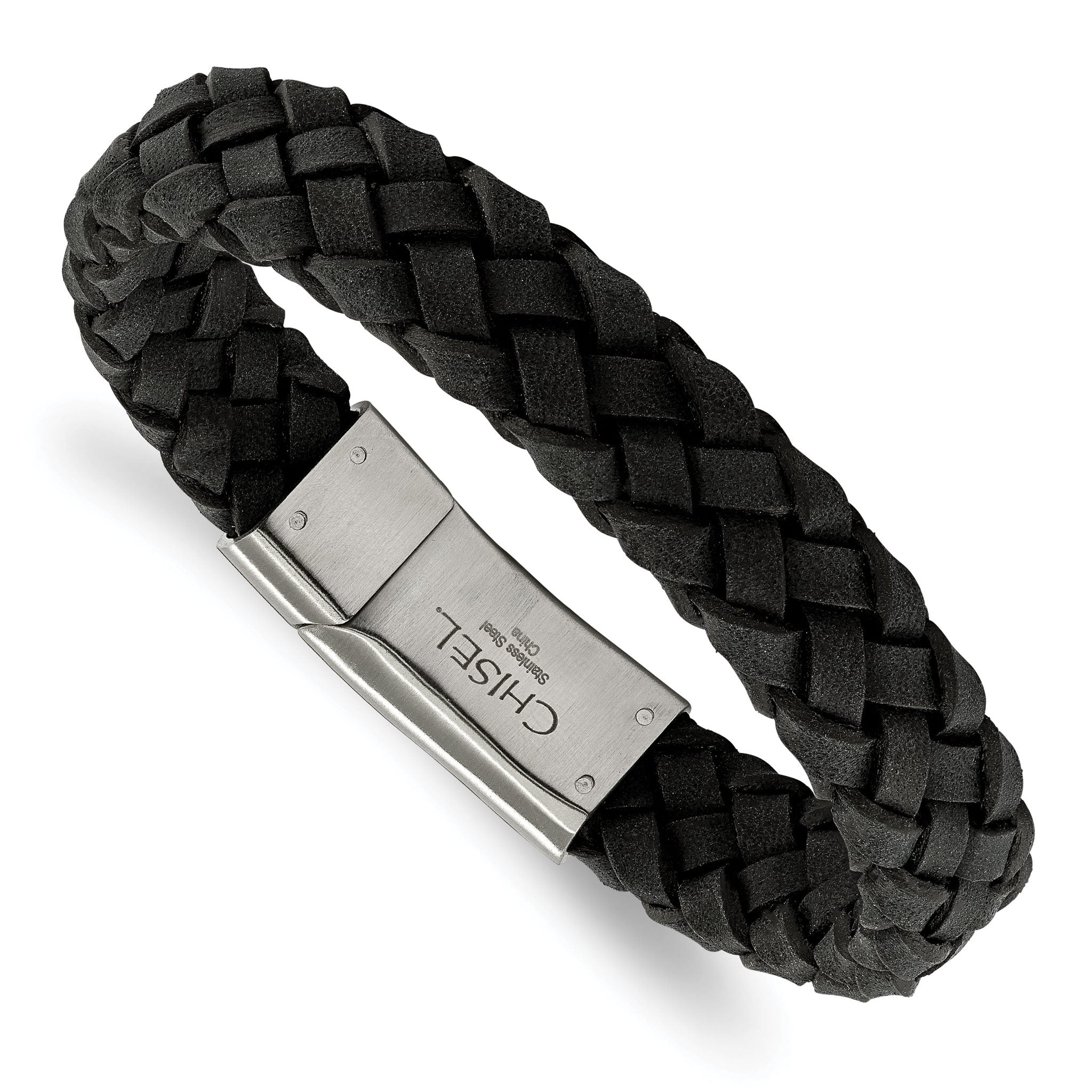 Stainless Steel Brushed Black Braided Leather Bracelet for Men