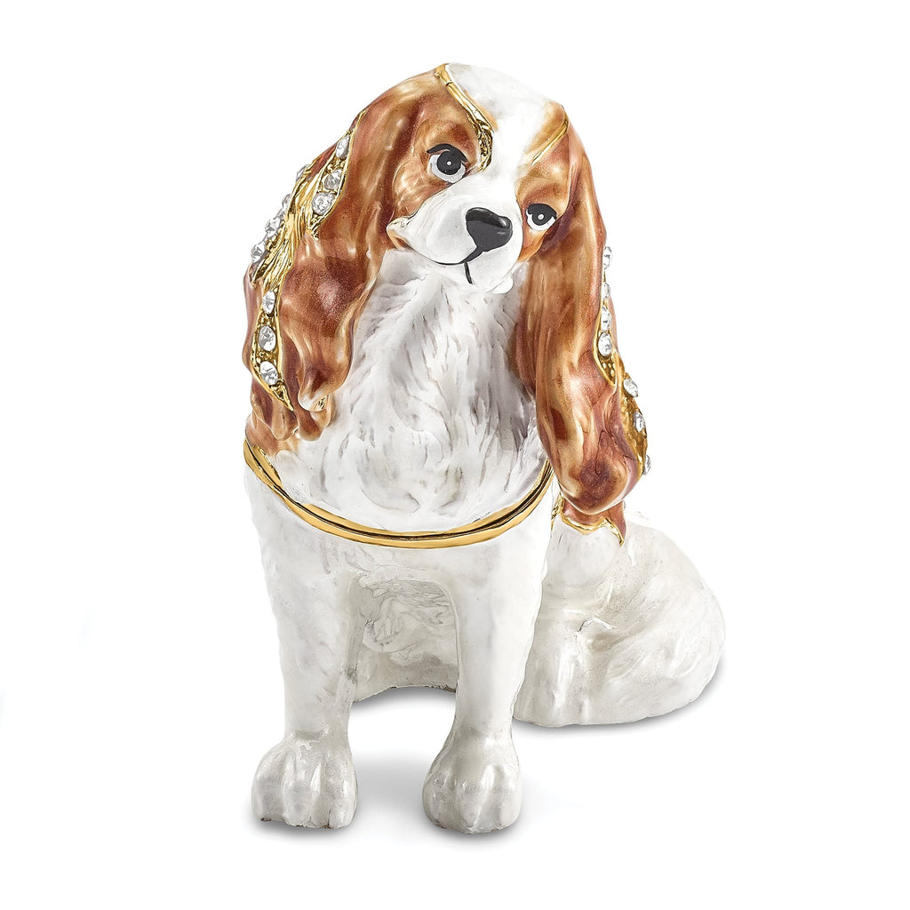 Luxury Giftware by Jere Pewter Bejeweled Crystals Gold-tone Enameled HENRIETTA Maria Cavalier King Charles Spaniel Trinket Box with Matching 18 Inch Necklace