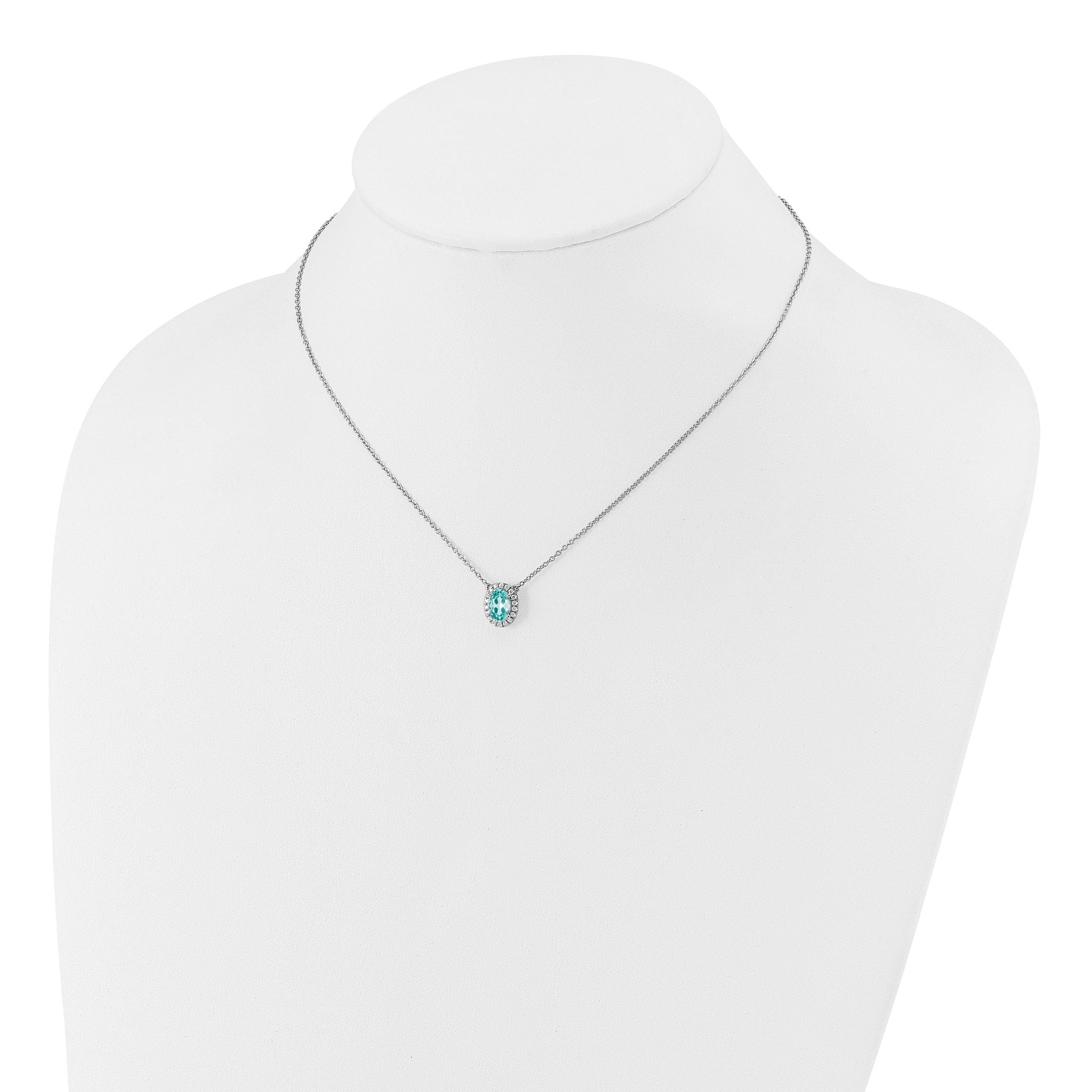 Pure Serenity 14k White Gold 1/8 carat Lab Grown Diamond VS/SI+ G+ and Lab Created Paraiba 18 inch Oval Halo Pendant Necklace