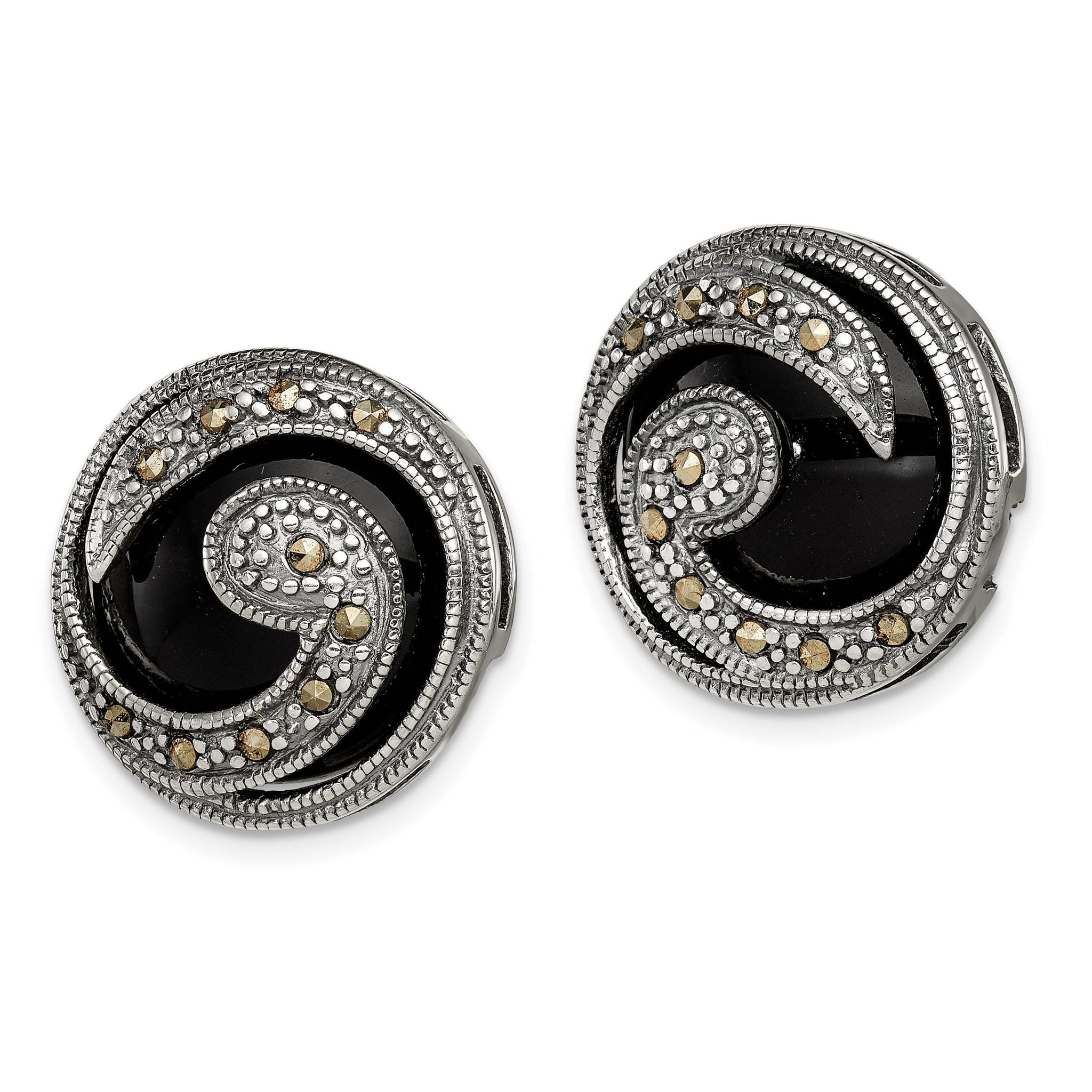 Sterling Silver Antiqued Onyx & Marcasite Round Wave Post Earrings Secondary image
