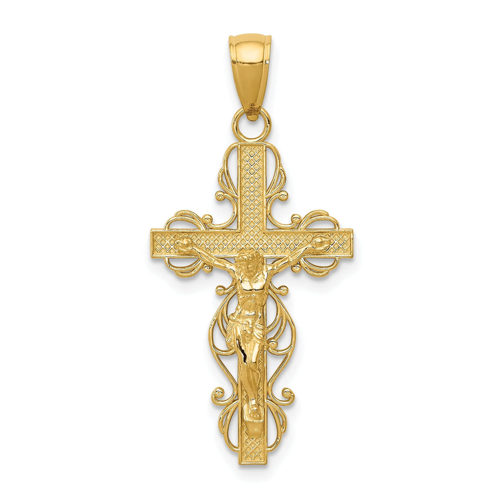14K Gold Crucifix Pendant with Polished Lace Trim Elegant Design
