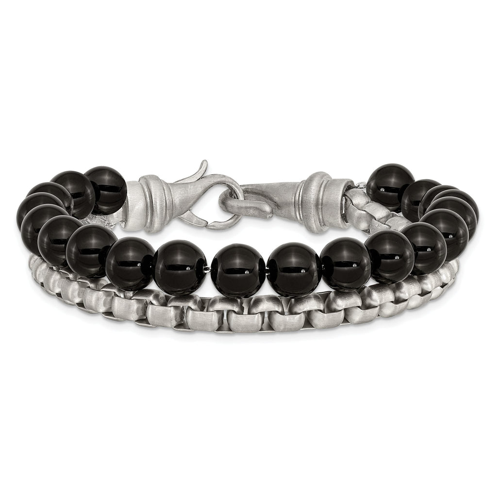 Stainless Steel Brushed Box Chain & Black Onyx 2 Strand Bracelet