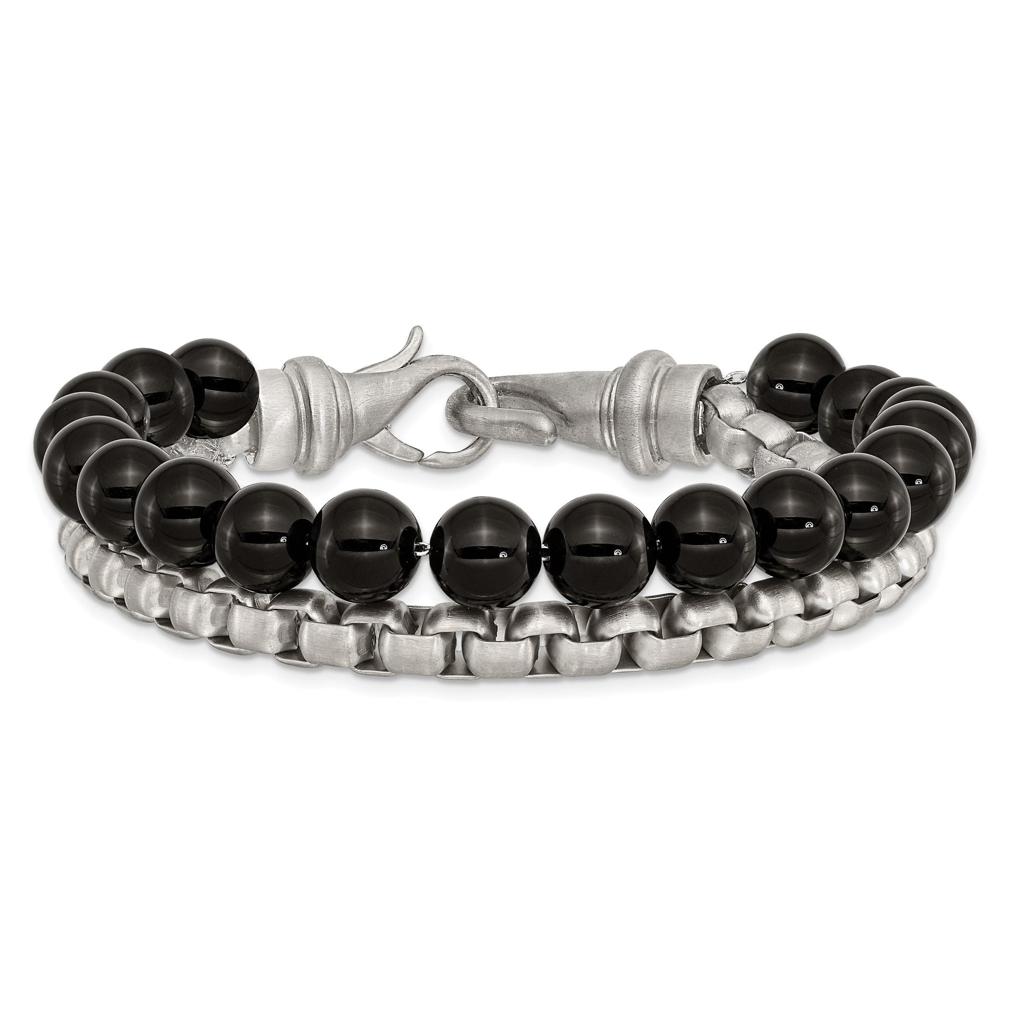Stainless Steel Brushed Box Chain & Black Onyx 2 Strand Bracelet