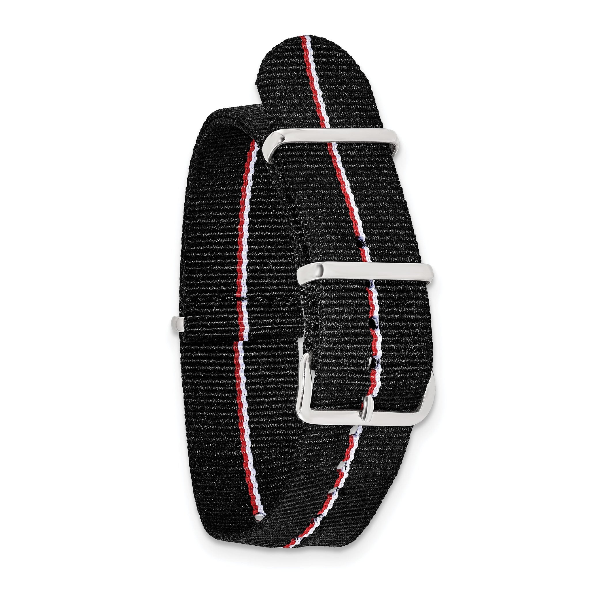 22mm One-Piece Black with Red and White Stripes Military Ballistic G10 Nylon with Silver-tone Buckle 10.75 inch Watch Band