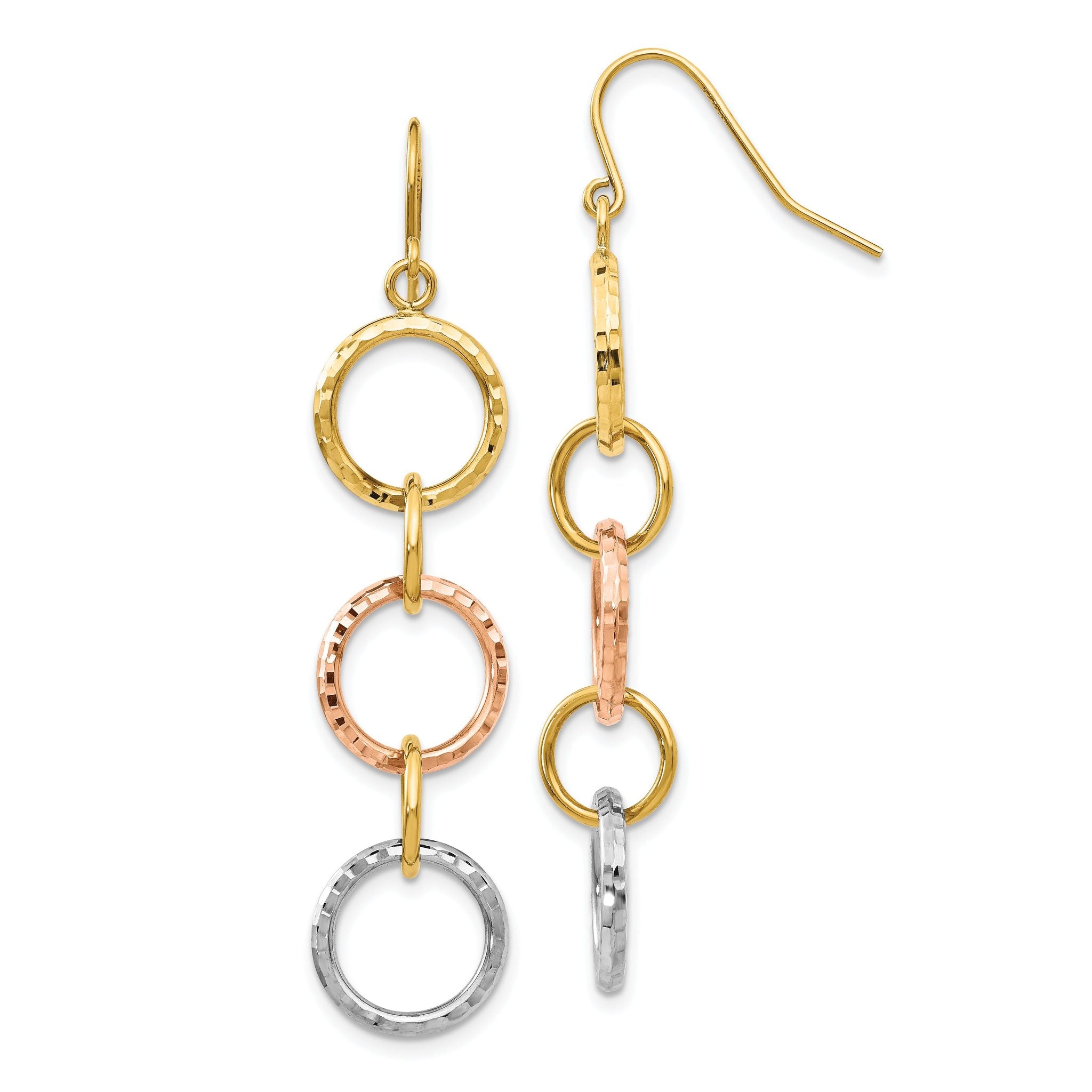 14k Tri-Color Diamond Cut Circle Dangle Earrings Main image