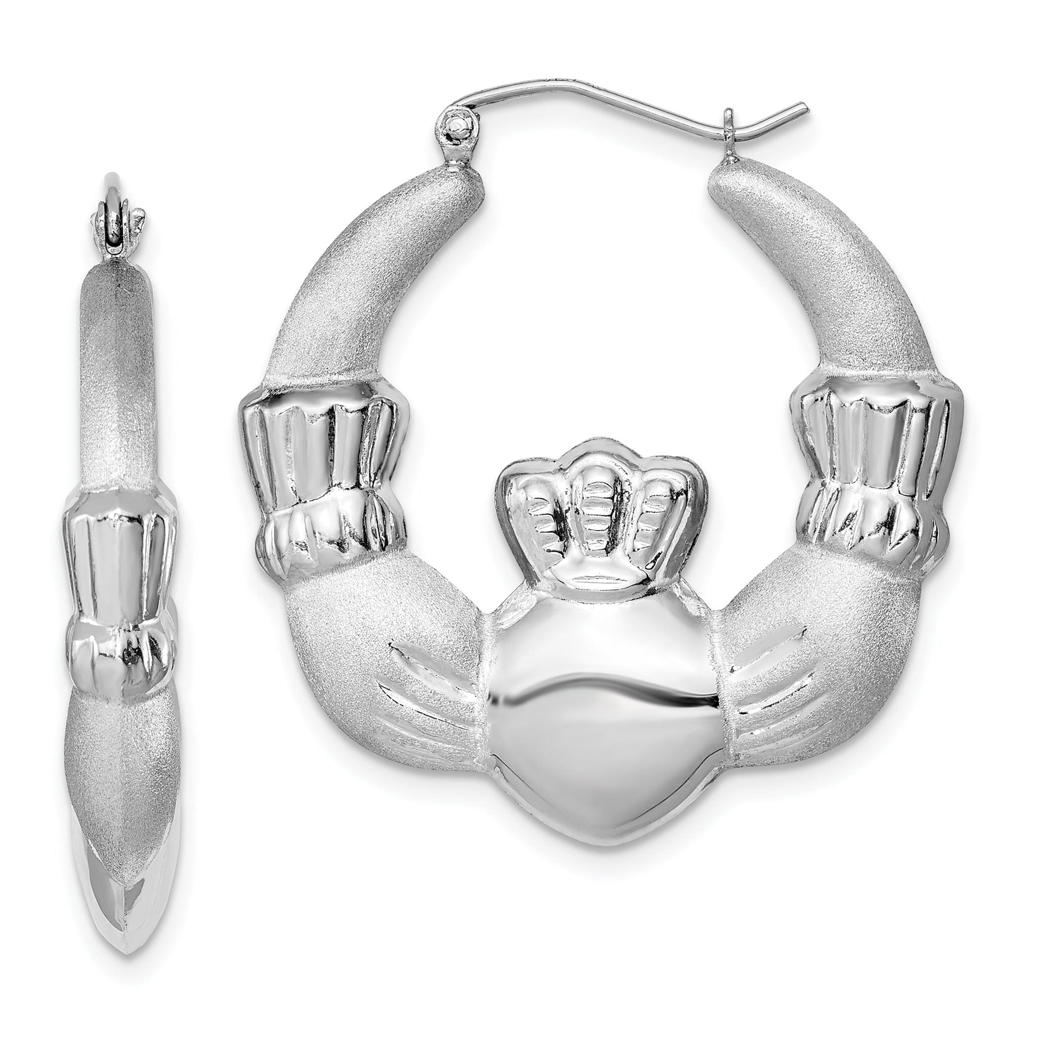 Sterling Silver Rhod-plated Polished/Satin Claddagh Hoop Earrings Main image