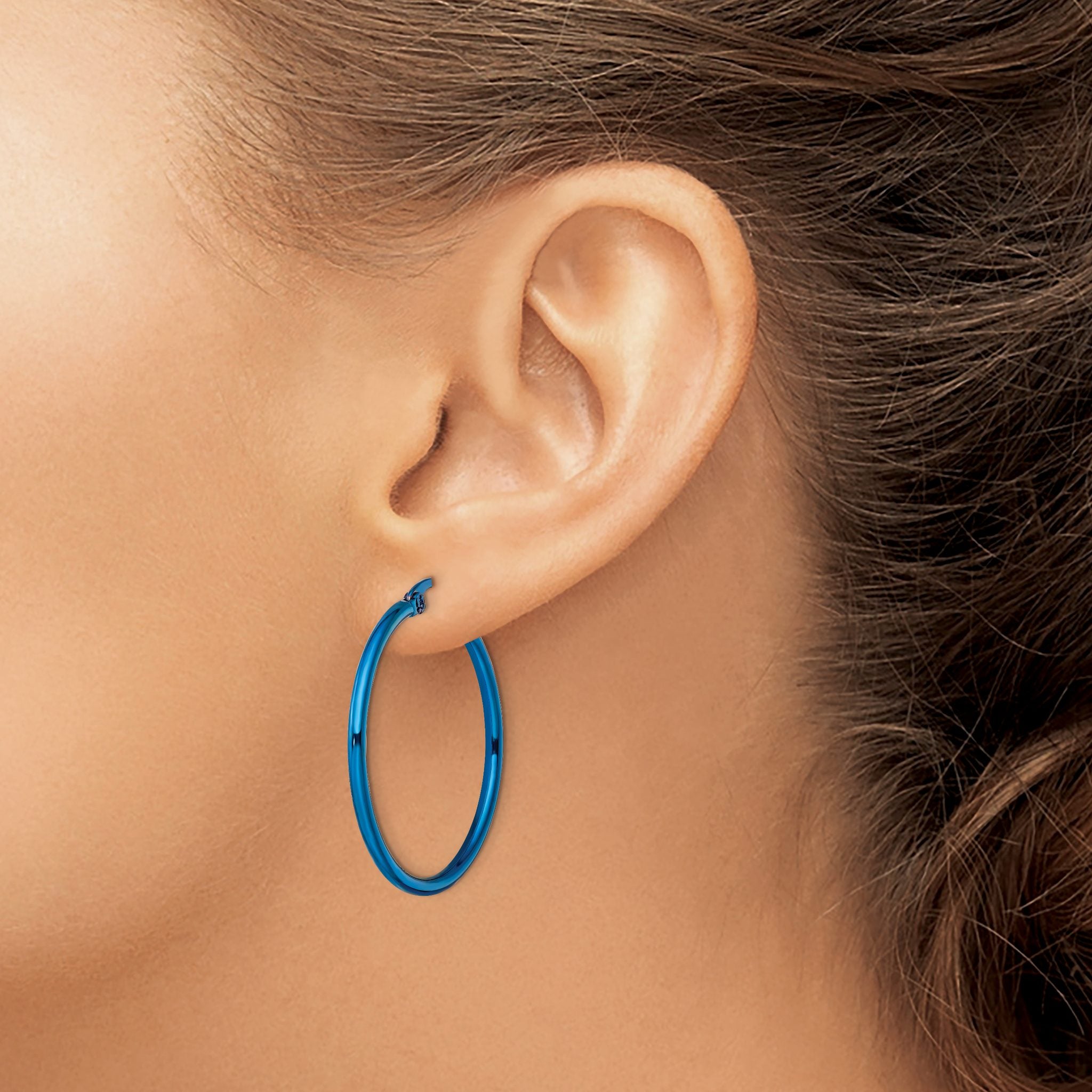Stainless Steel Blue Polished Hoop Earrings for Women