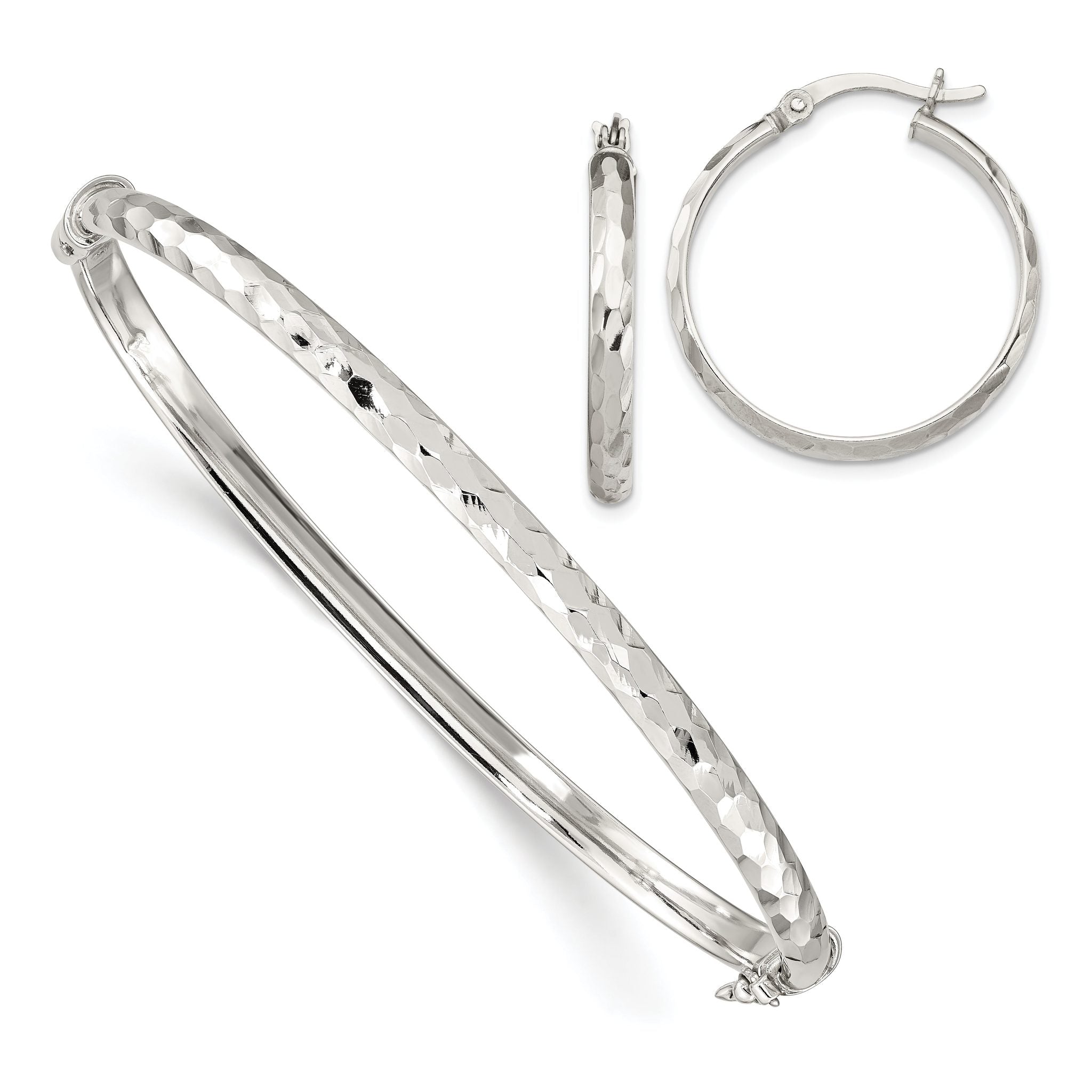 Sterling Silver Diamond Cut 4mm Bangle and 3mm Hoop Earring Set Main image