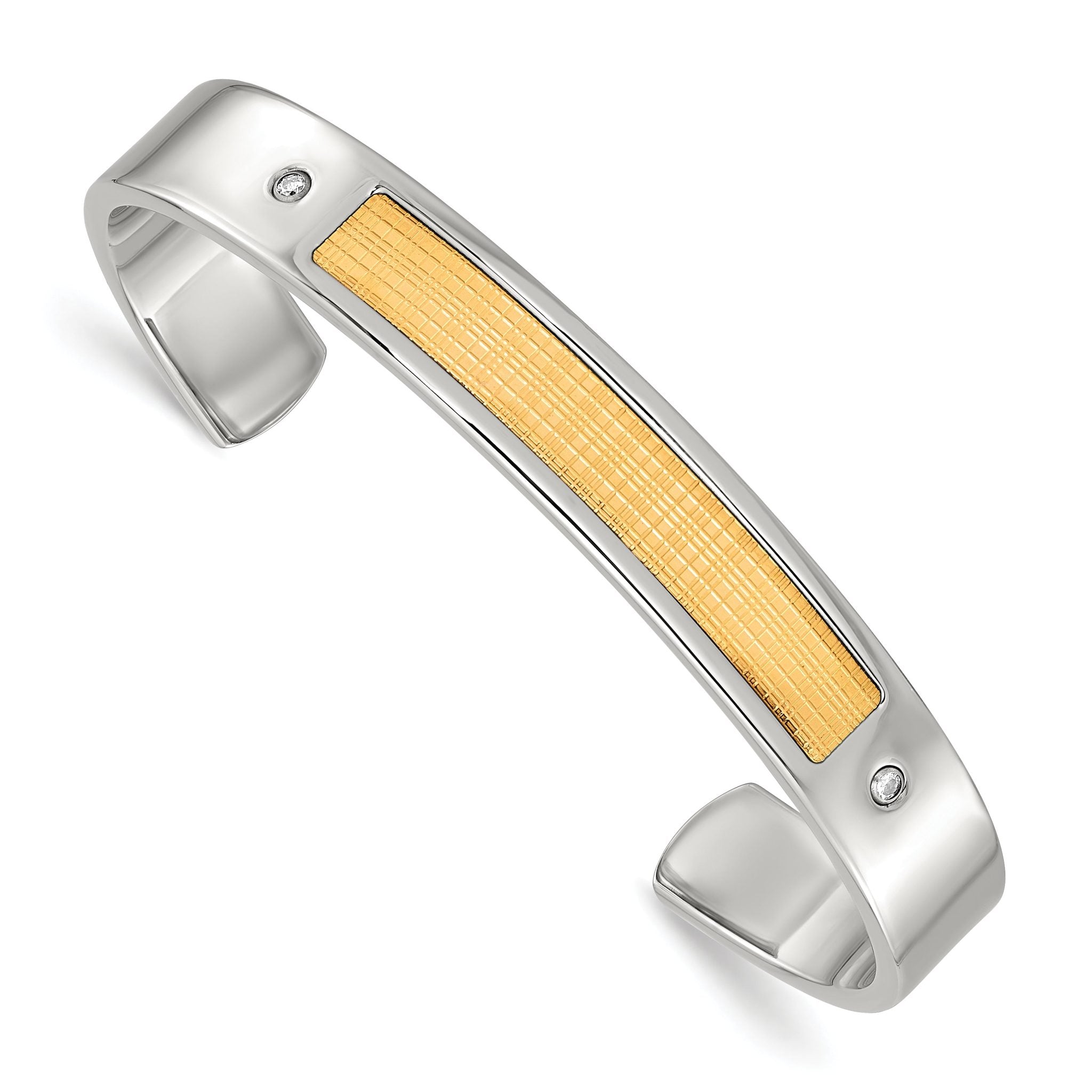 Stainless Steel with 18k Gold Accent Polished and Textured with 1/20 carat Diamond Cuff Bangle Bracelet for Men