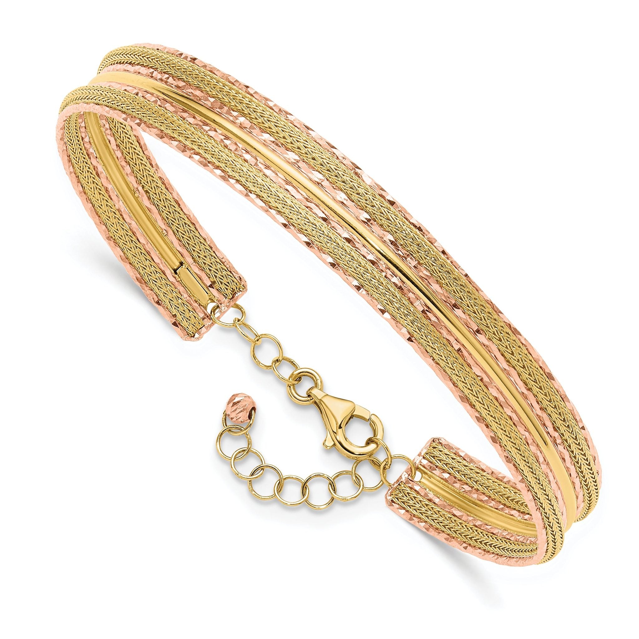 14K Two-tone Dia-cut and Textured with Safety Chain Bangle Main image