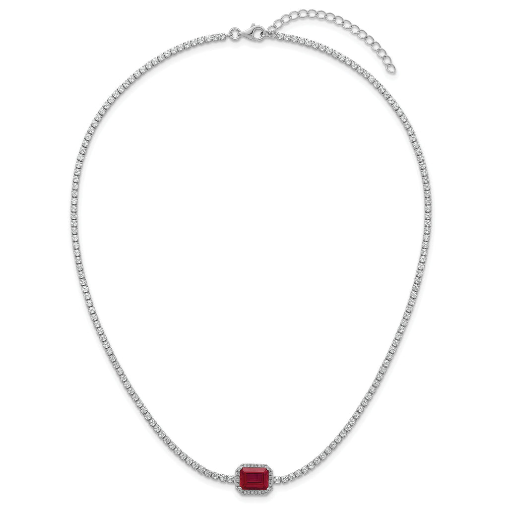 Sterling Silver Rhodium-plated Polished Fancy Emerald-cut Red and White CZ Halo 16 Inch with 2 Inch Extension Necklace