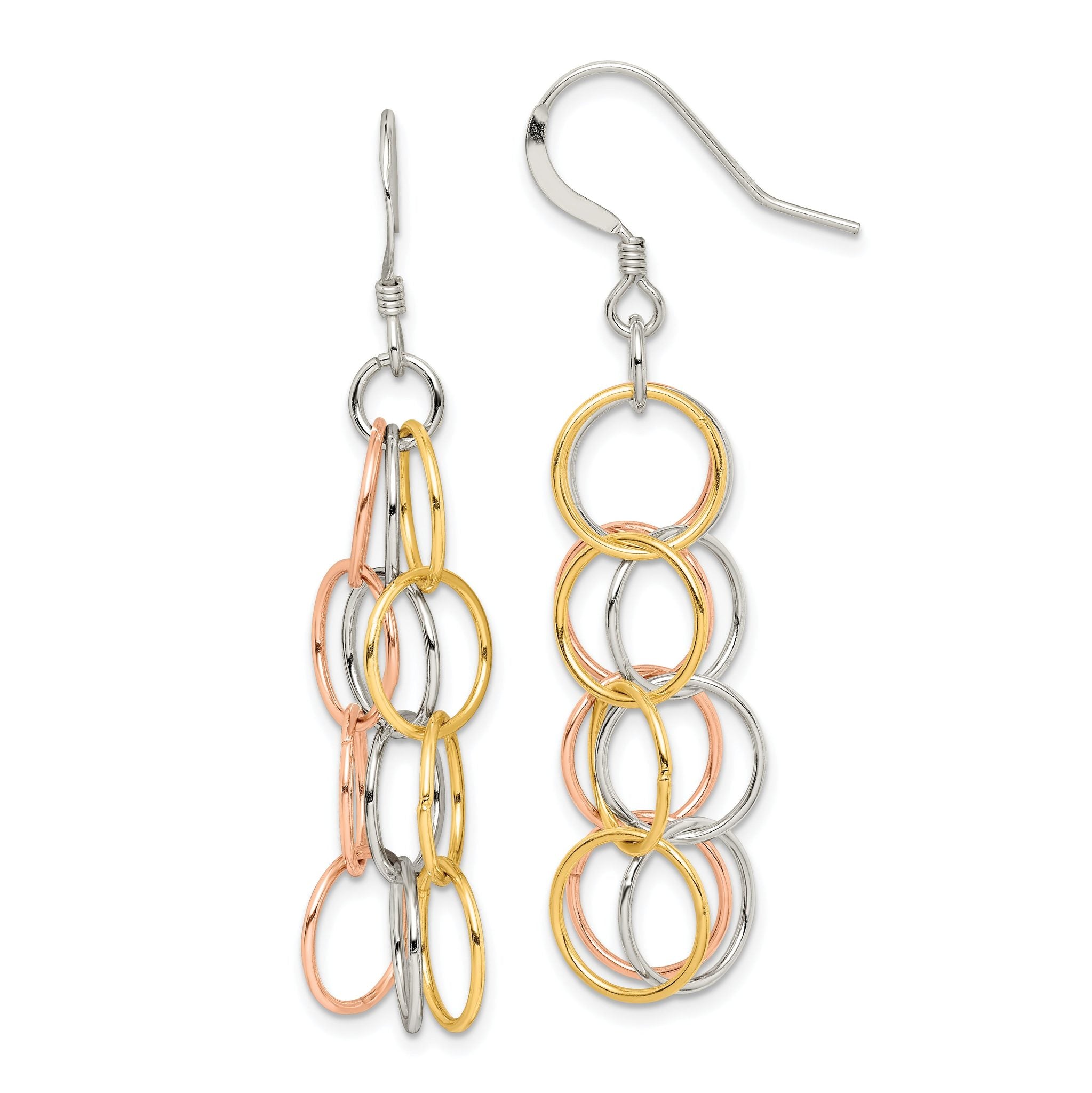 Sterling Silver w/ Tri-color Vermeil Polished Circle Link Dangle Earrings Main image
