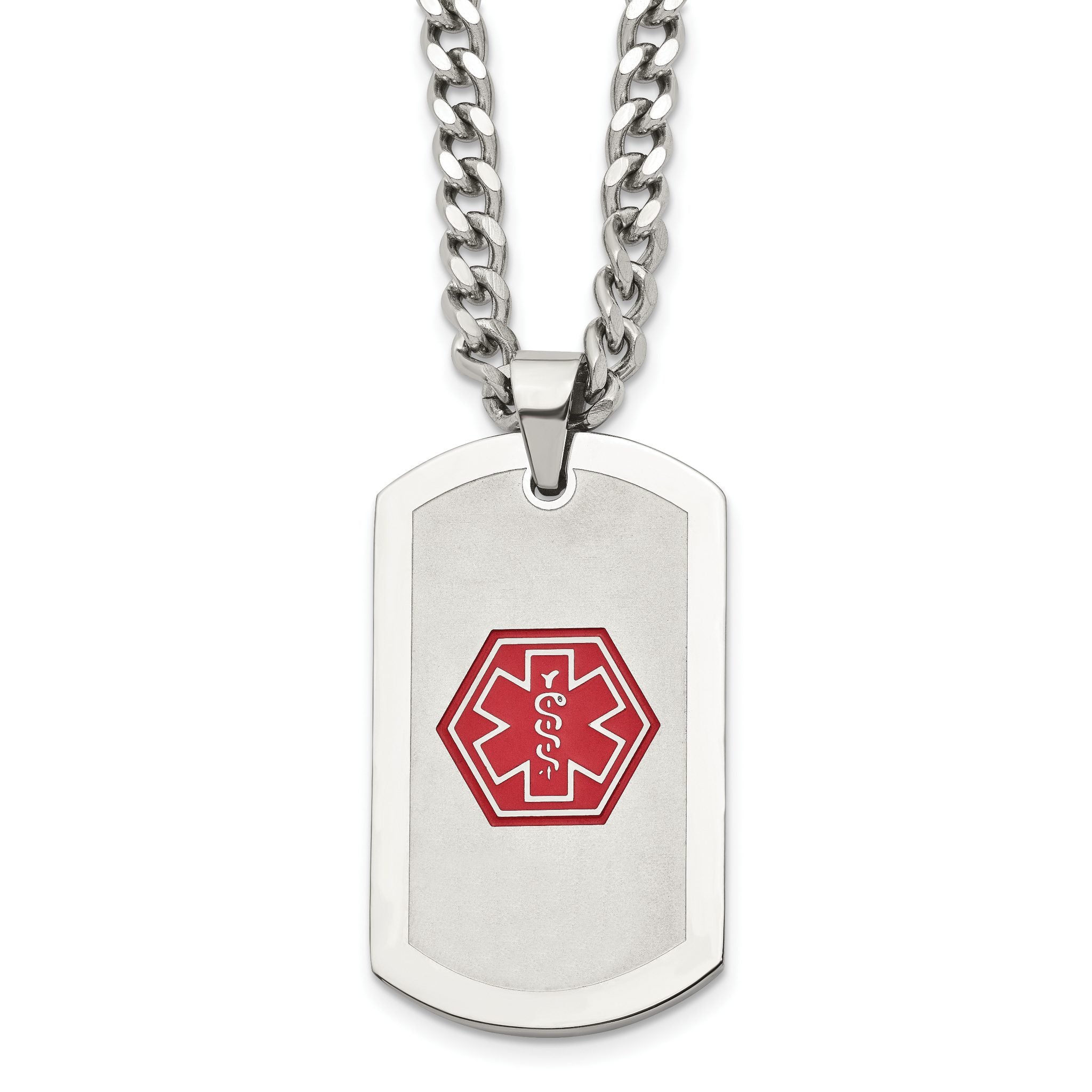 Chisel Stainless Steel Brushed and Polished with Red Enamel Medical ID Dog Tag on a 30 inch Curb Chain Necklace Main image
