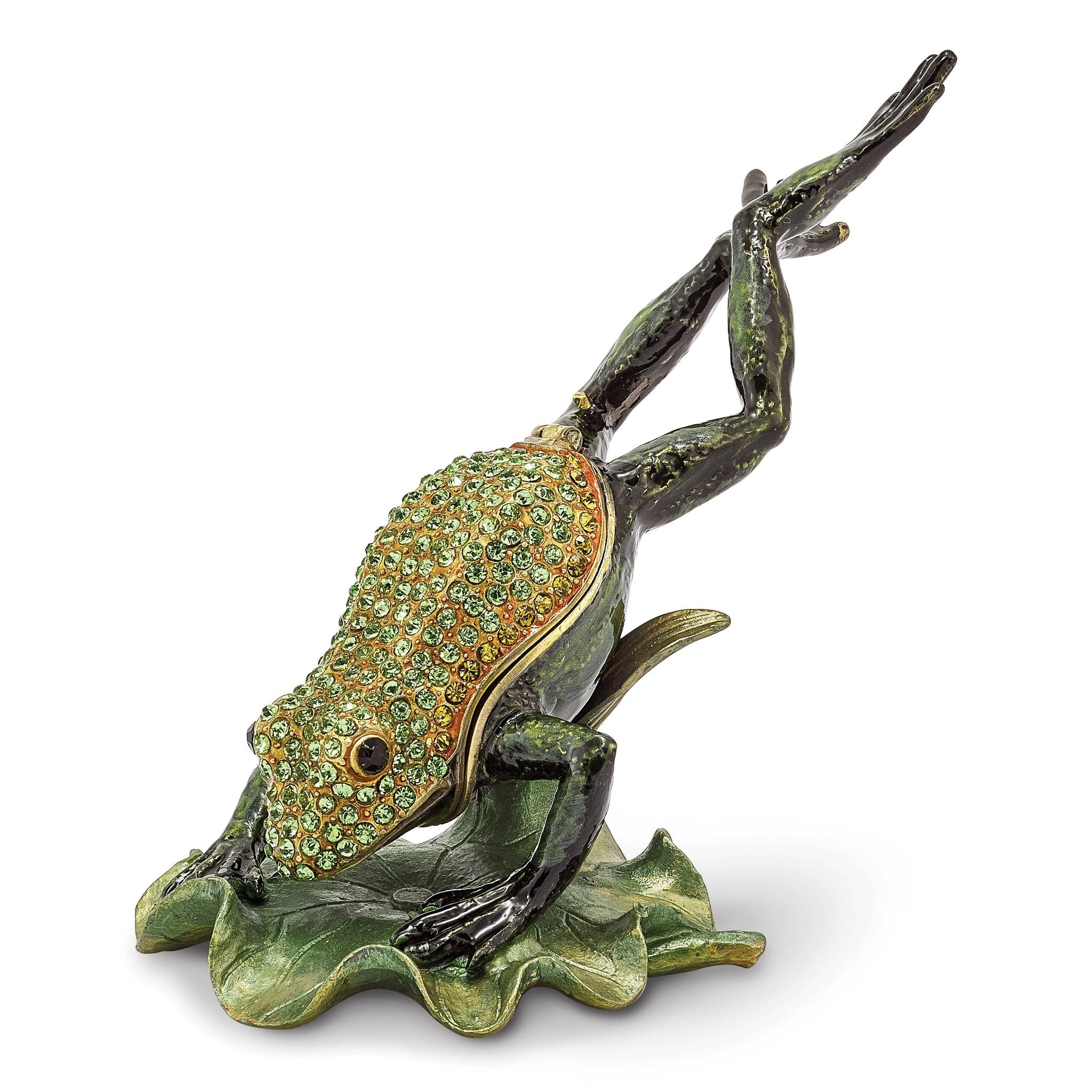 Luxury Giftware Pewter Bejeweled Crystals Gold-tone Enameled CLEM HOPPER Diving Frog Trinket Box with Matching 18 Inch Necklace Main image