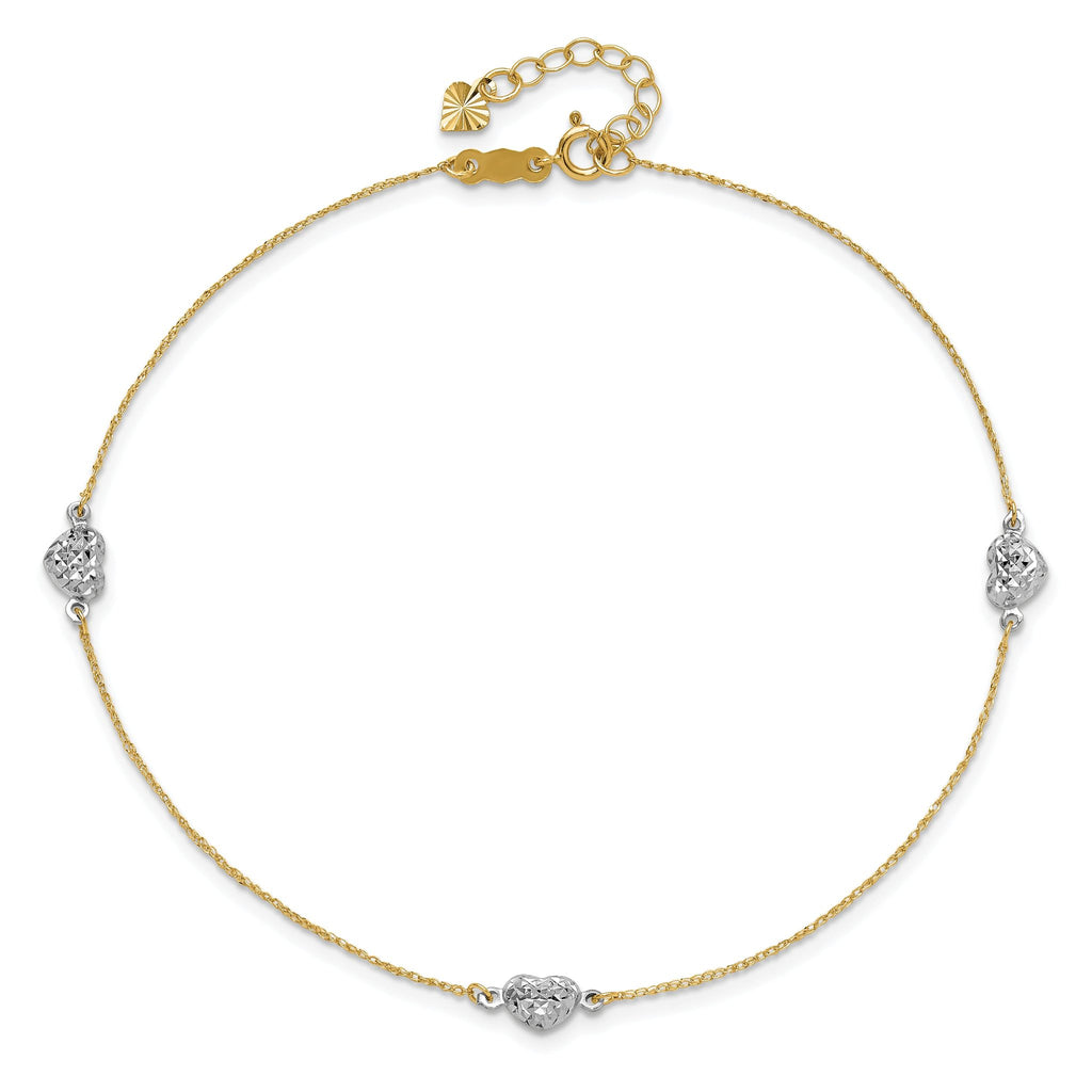 14k Two-tone Diamond-cut Triple Puffed Hearts 9 inch Plus 1 inch Extender - Total 10 inch Anklet