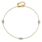 14k Two-tone Diamond-cut Triple Puffed Hearts 9 inch Plus 1 inch Extender - Total 10 inch Anklet