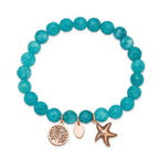 Stainless Steel Antiqued and Polished Rose IP-plated Starfish and Tree of Life 8mm Aqua Dyed Jade Beaded Stretch Bracelet for Women