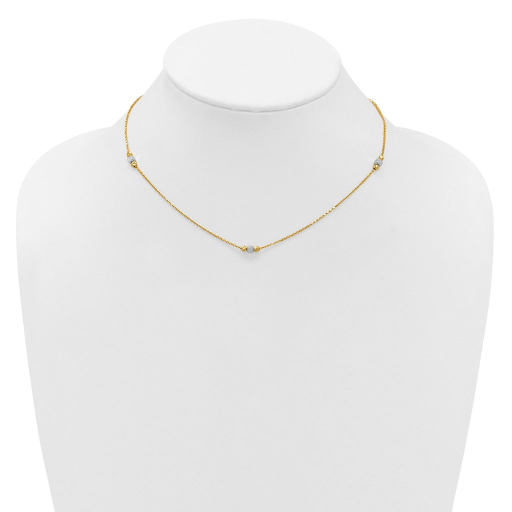 14K Two-tone Polished / Dia-cut Beads w/2in ext. Necklace